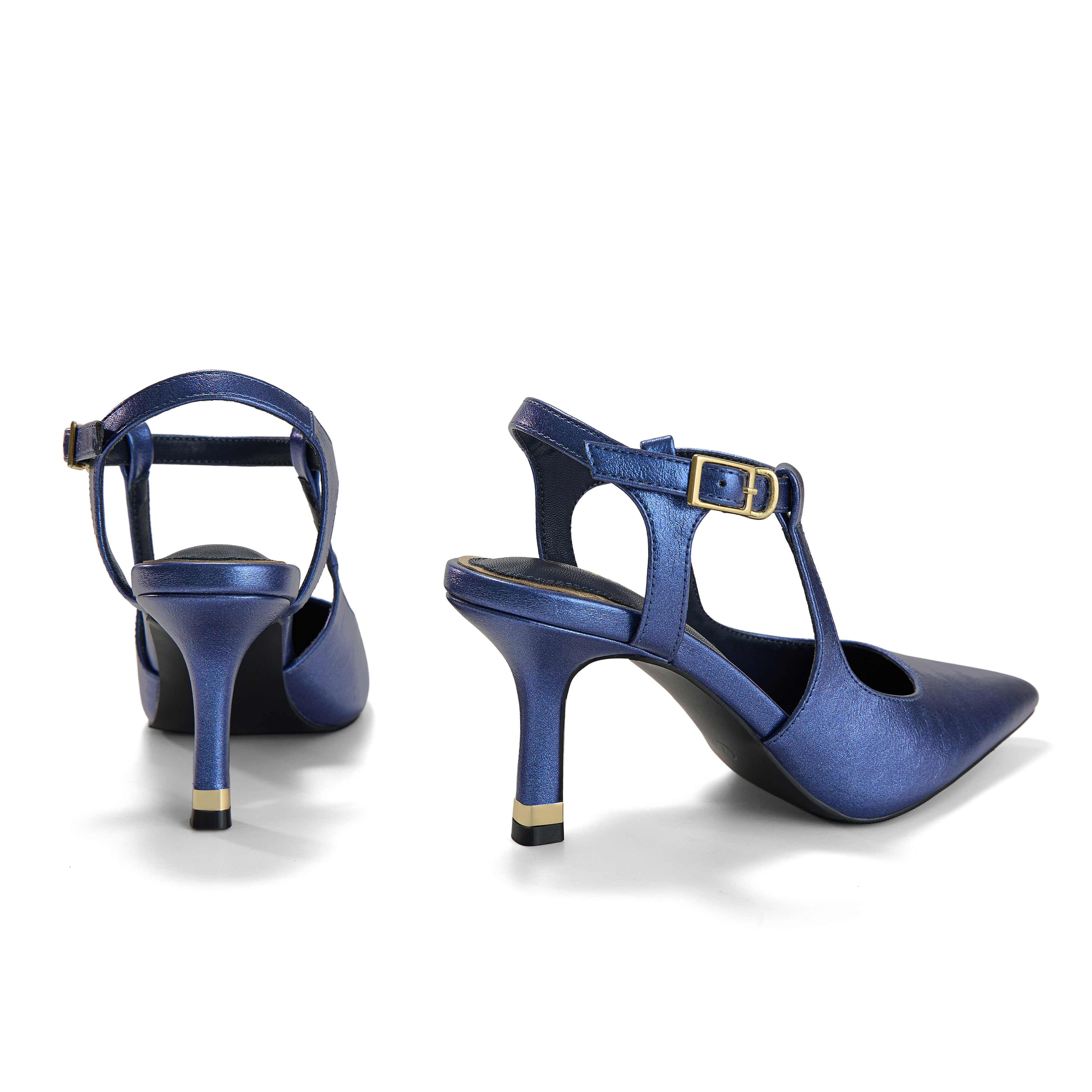 Womens Slingback Pointed Toe Pumps Ankle Buckle Strap Stiletto Dress Heels Gold heel trim, adjustable buckle ankle strap, ideal for office, weddings, dates and formal evening wear