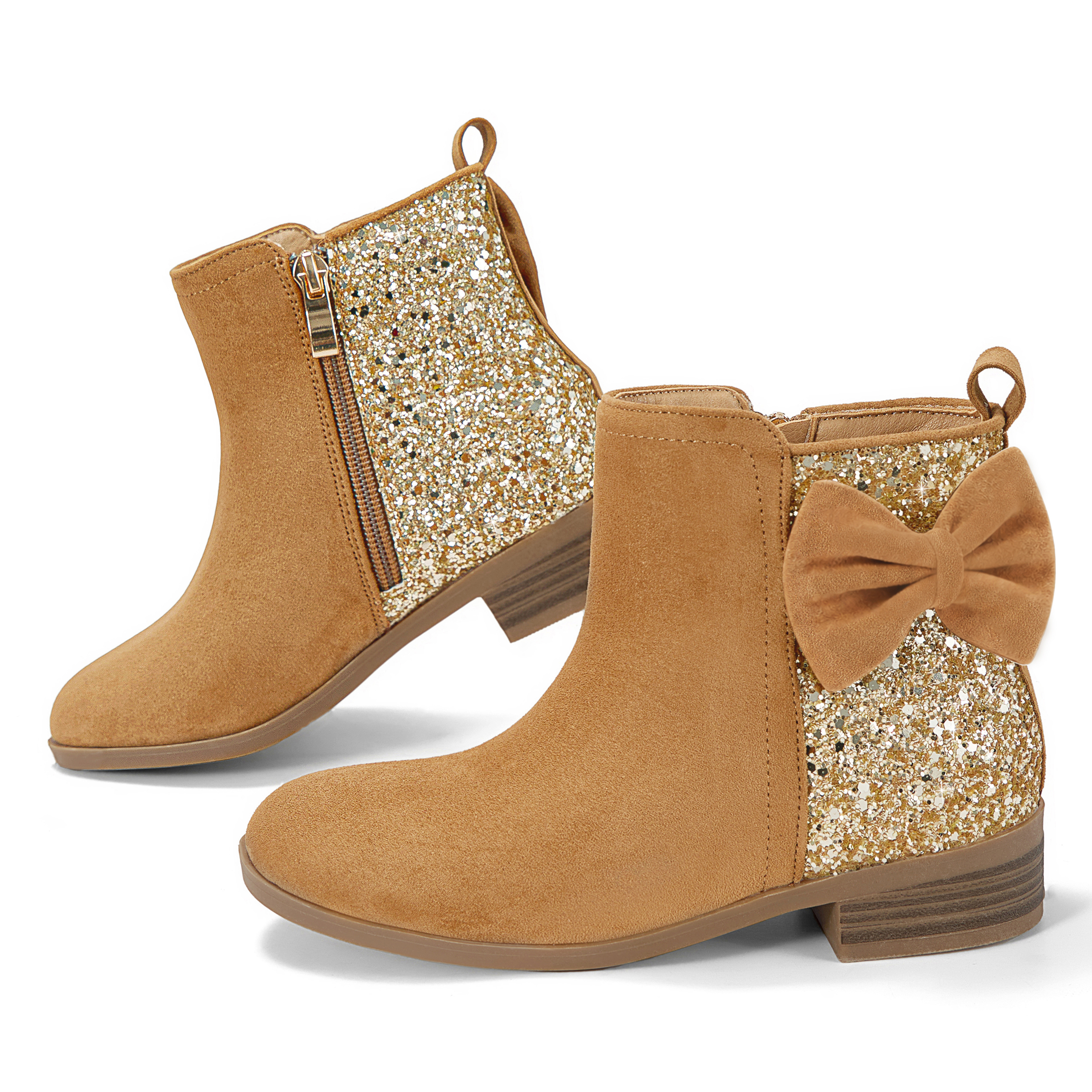 Girls Bow Glitter Ankle Boots Side Zipper Low Heel Dress Shoes | Cute Bow Knot Booties Low Chunky Heel Comfortable School Shoes for Little Big Kid