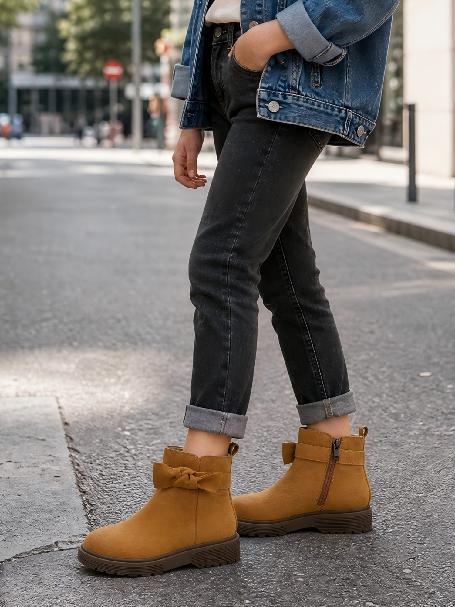 Girls Genuine Leather Ankle Boots Round Toe Side Zip Bow Fall Boots Girls Leather Ankle Boots Bow Lambskin Insole Comfy All Day Anti-slip Sole School Parties Weddings Fall Winter Daily Wear