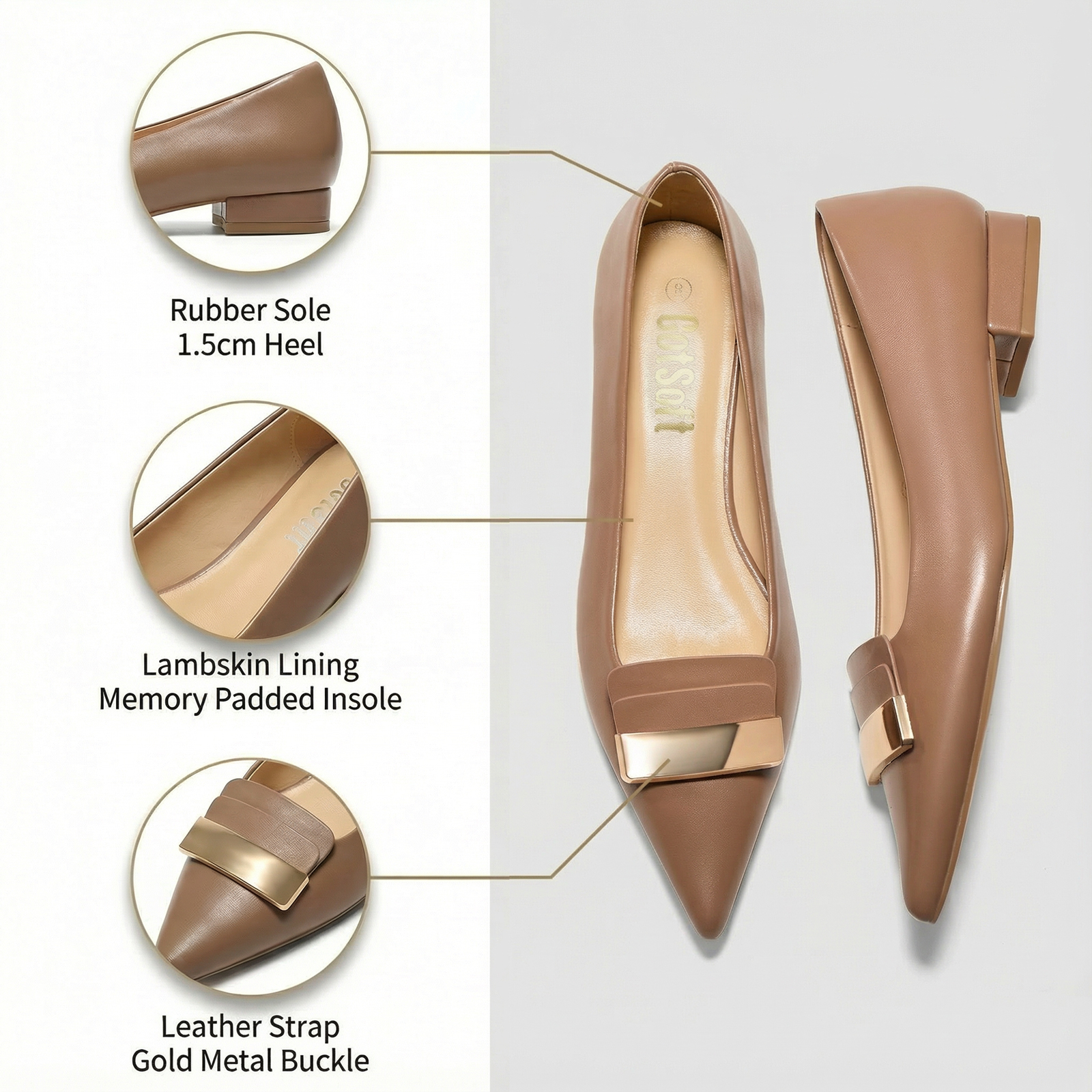 Women's Pointed Toe Metal Deco Flats Slip on Flat Comfortable Dress Shoes