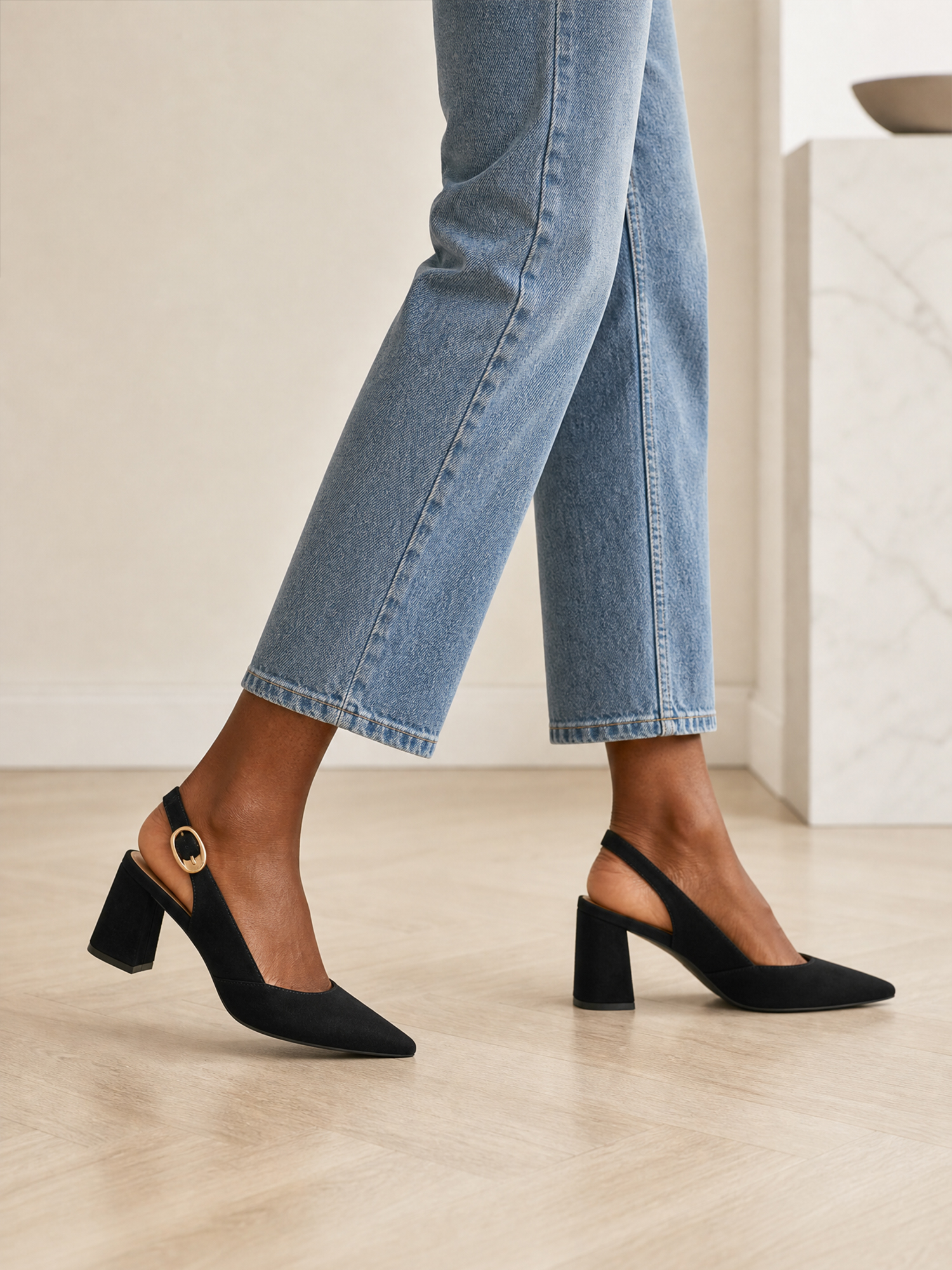 Womens Genuine Leather Pointed Toe Slingback Pumps Block Heel Shoes Chic Pointed Toe Slingback Heels with Adjustable Buckle, Soft Lambskin Insole, Ideal for Office, Dates, Parties & Formal Wear