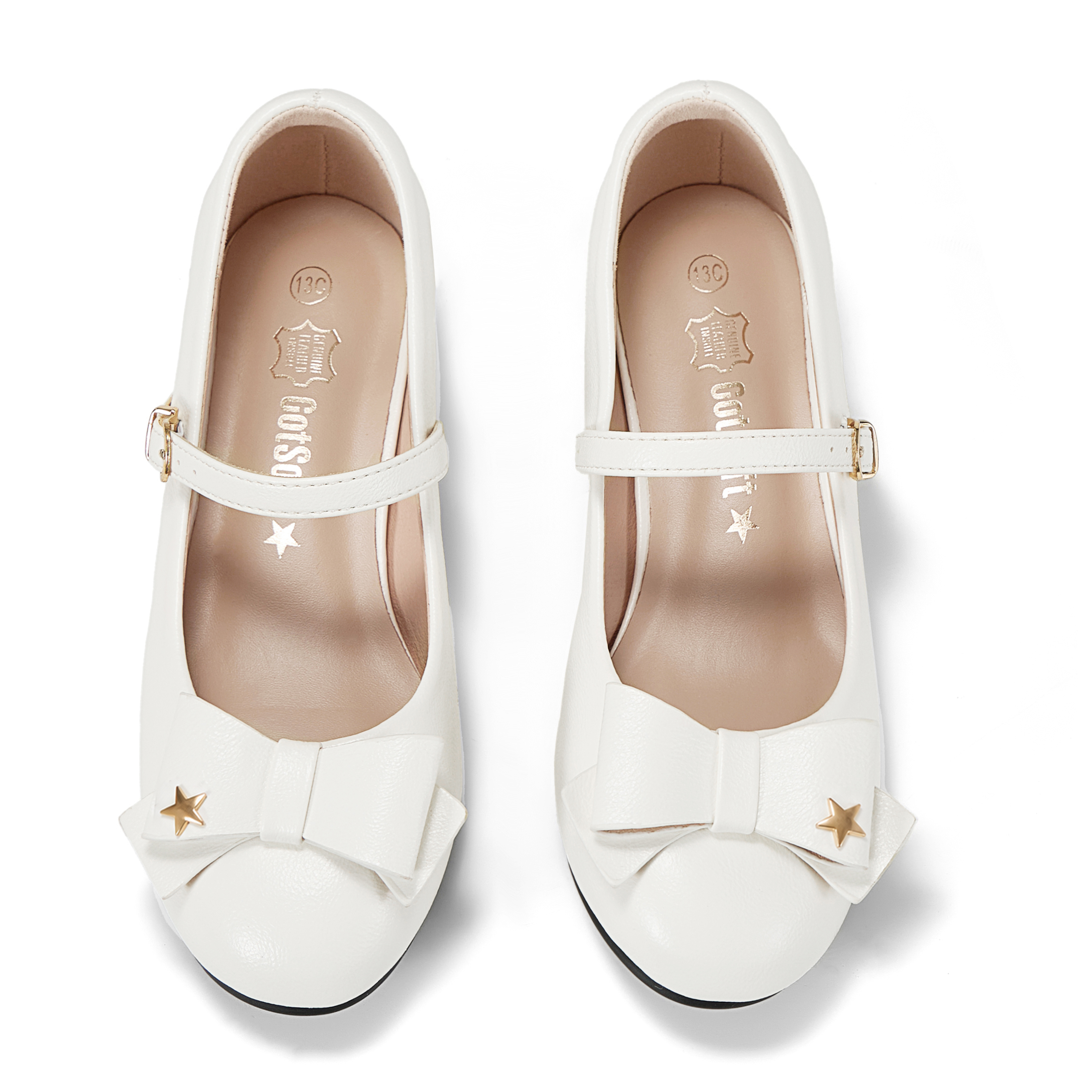 Girls Lambskin Insole Low Heels Mary Jane Ankle Strap Dress Shoes Dress Flats with Ankle Buckle, Bow with Star Detail, Fit Toddler, Little & Big Kid for Wedding, Party and School Daily Wear