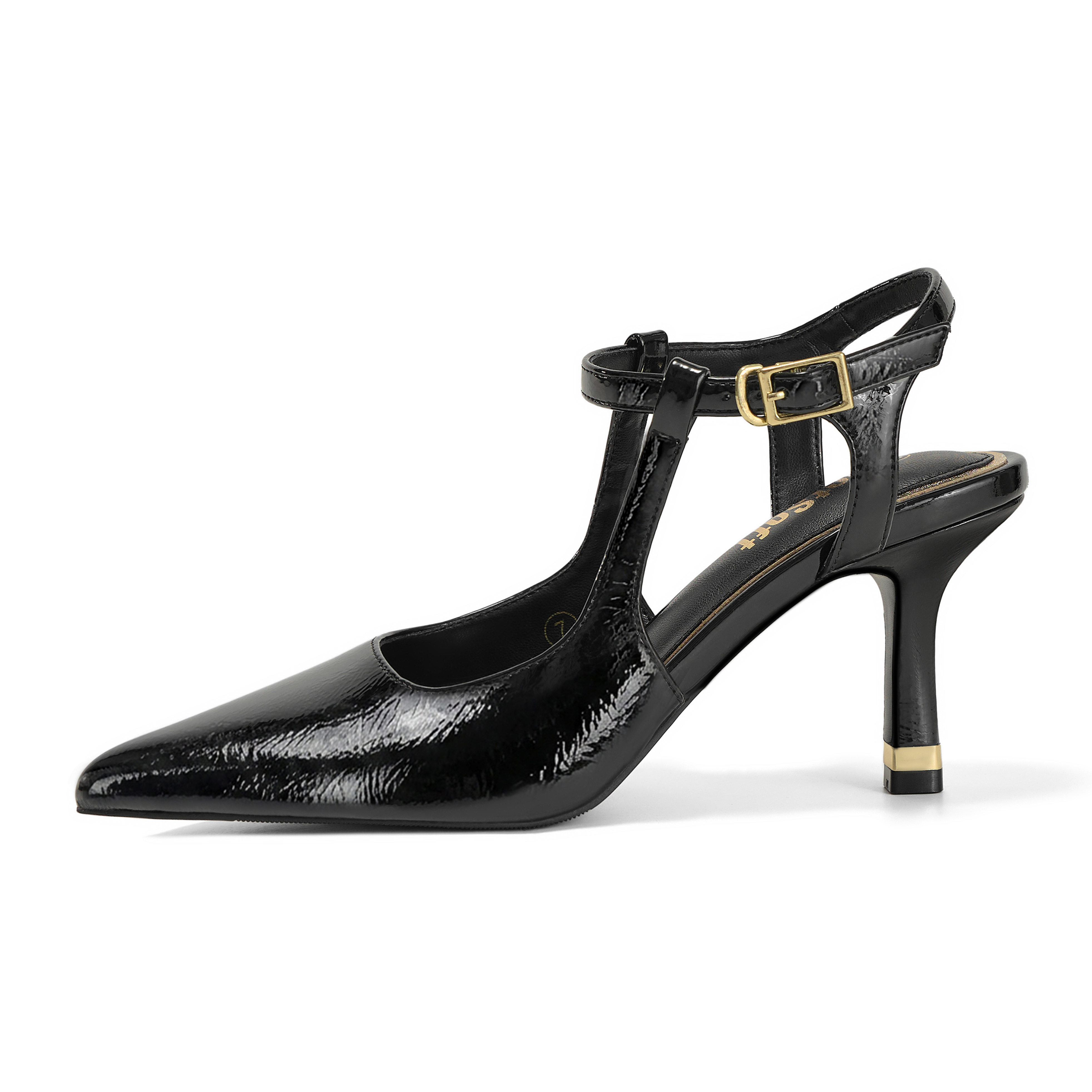 Womens Slingback Pointed Toe Pumps Ankle Buckle Strap Stiletto Dress Heels Gold heel trim, adjustable buckle ankle strap, ideal for office, weddings, dates and formal evening wear