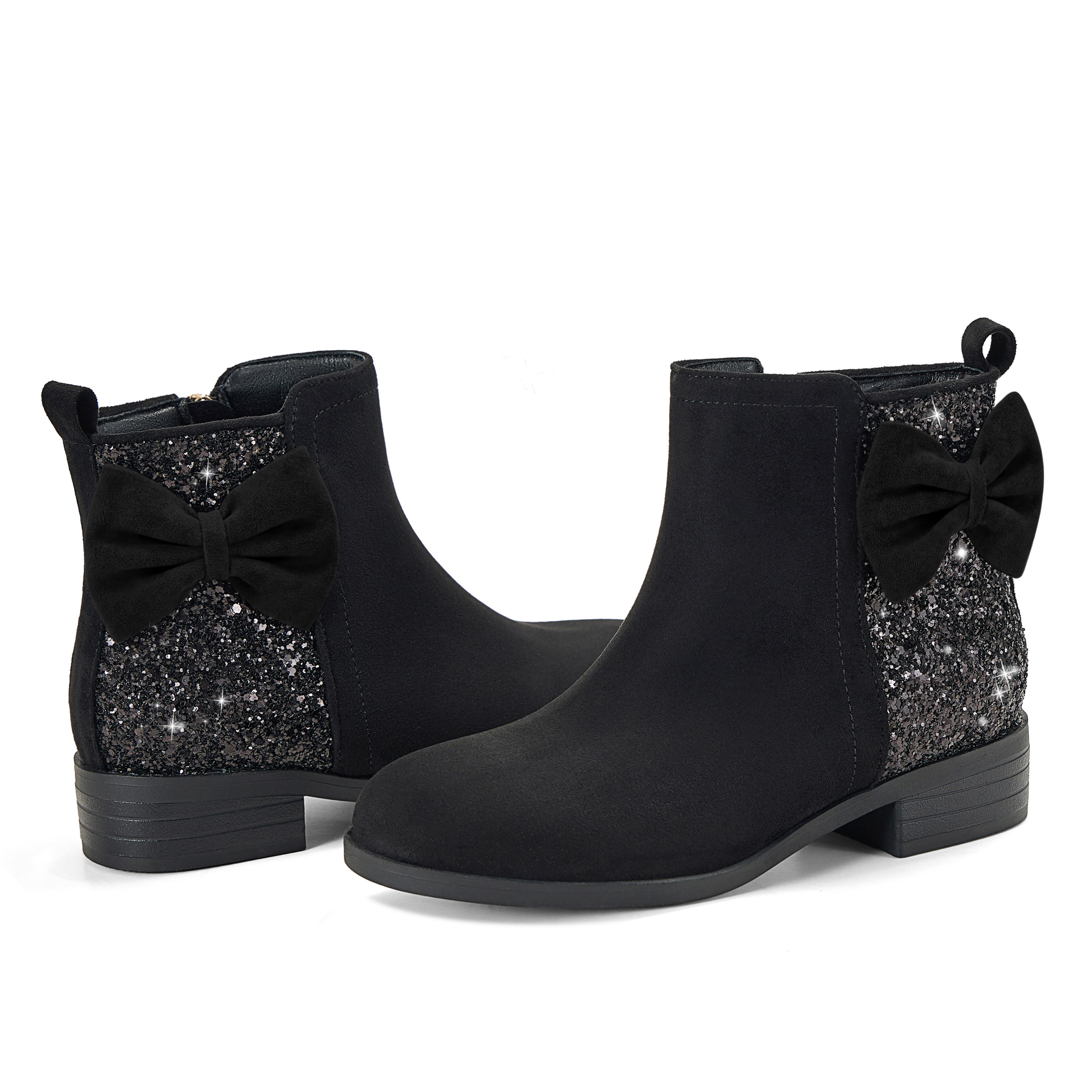 Girls Bow Glitter Ankle Boots Side Zipper Low Heel Dress Shoes | Cute Bow Knot Booties Low Chunky Heel Comfortable School Shoes for Little Big Kid