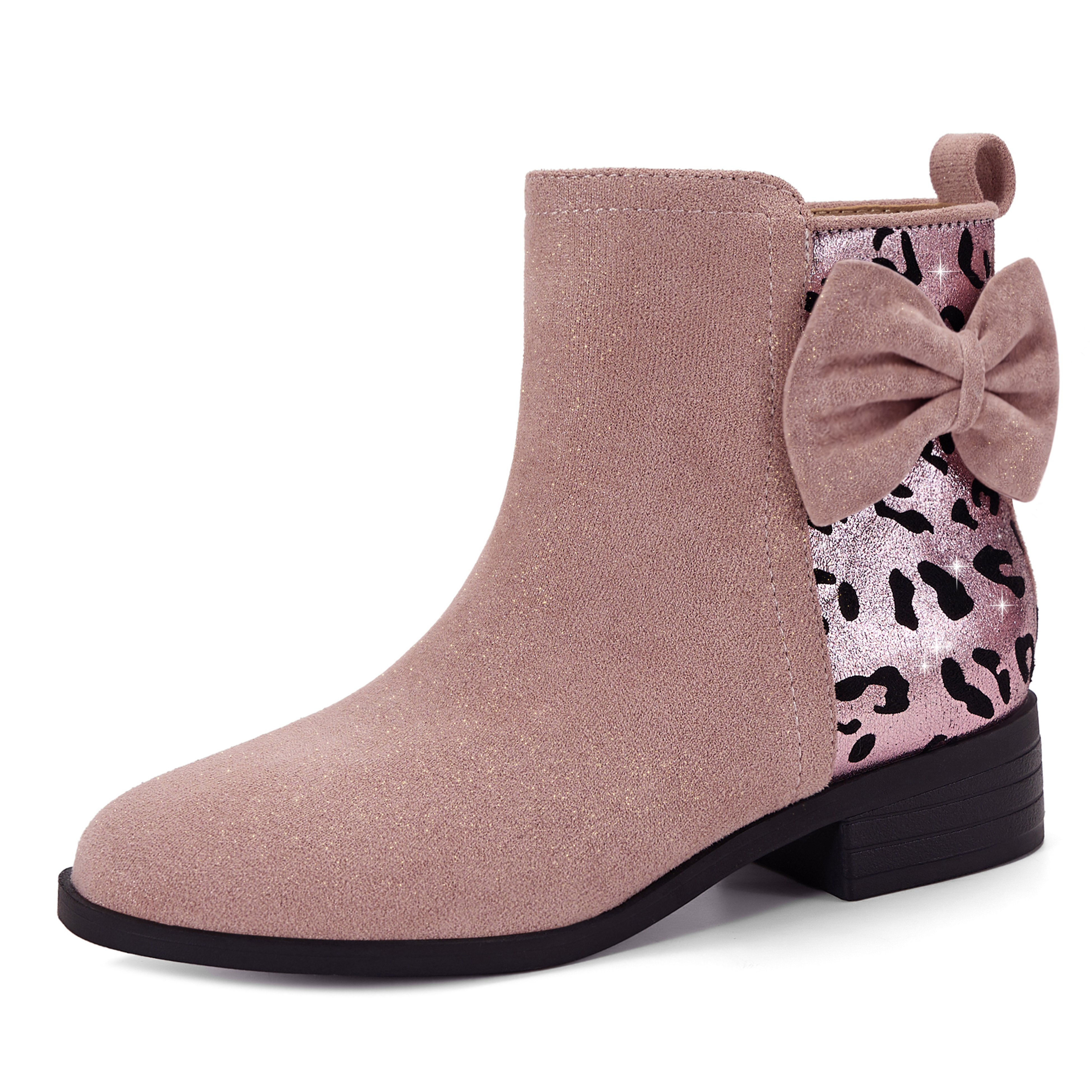 Girls Bow Glitter Ankle Boots Side Zipper Low Heel Dress Shoes | Cute Bow Knot Booties Low Chunky Heel Comfortable School Shoes for Little Big Kid
