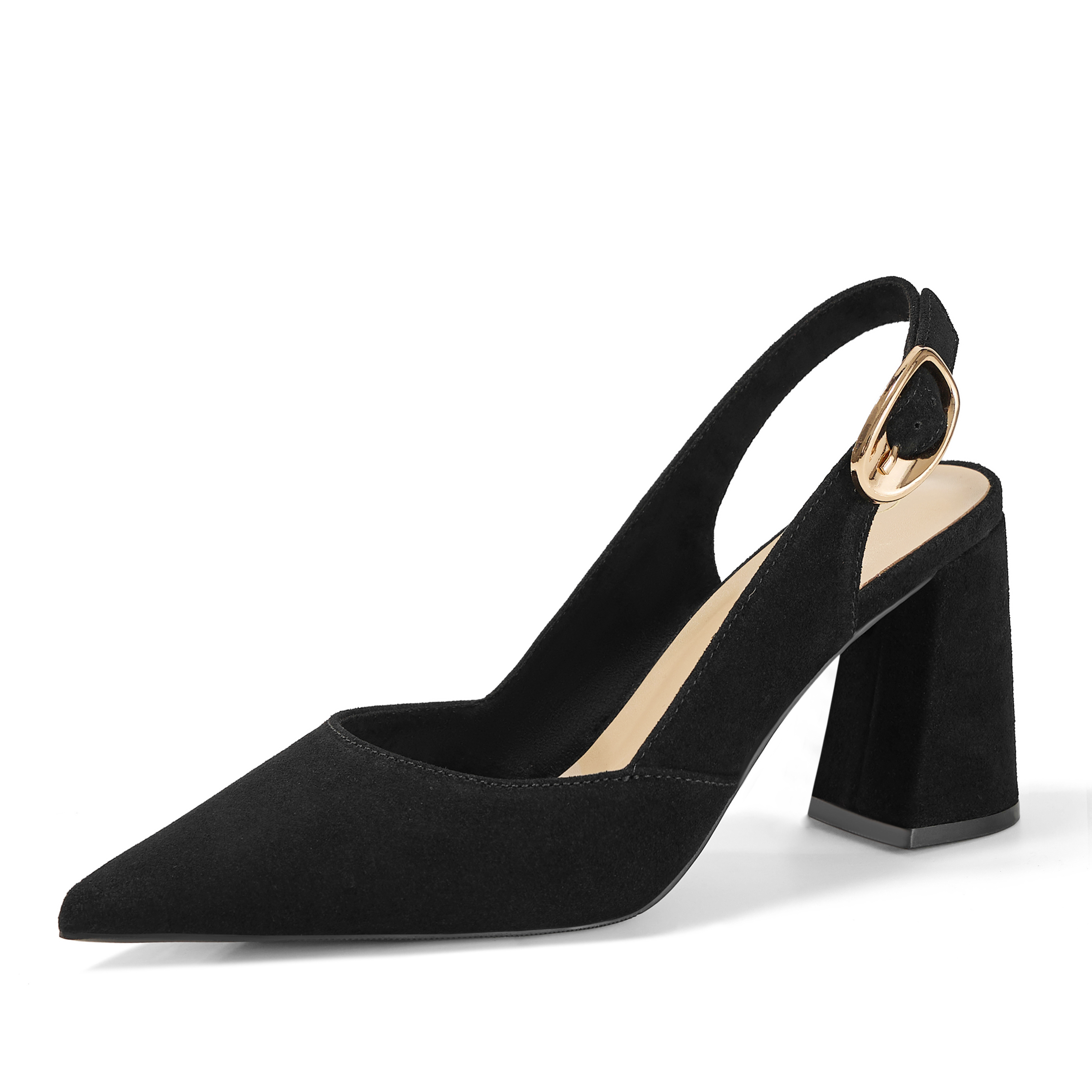 Womens Genuine Leather Pointed Toe Slingback Pumps Block Heel Shoes Chic Pointed Toe Slingback Heels with Adjustable Buckle, Soft Lambskin Insole, Ideal for Office, Dates, Parties & Formal Wear