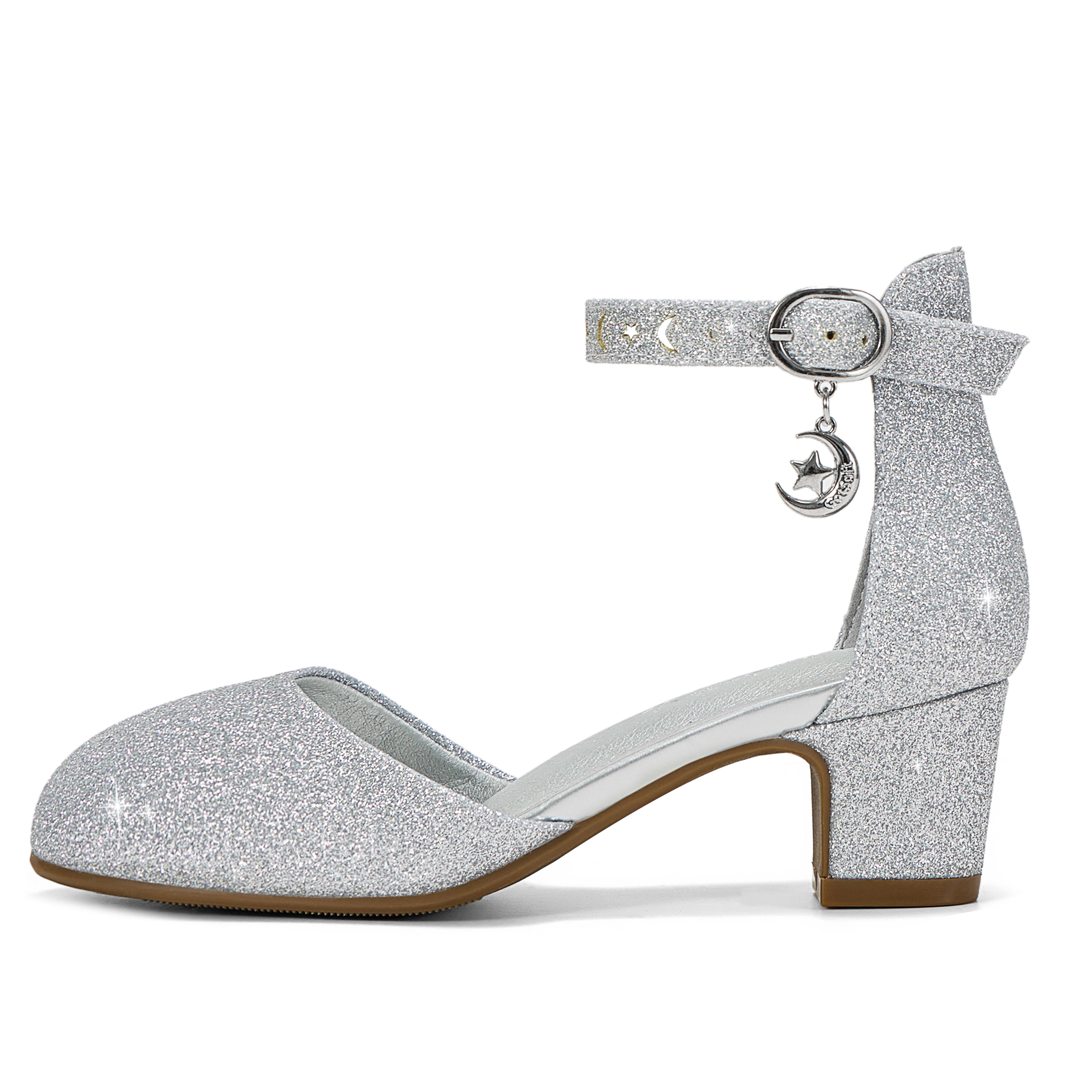Girls Dress Shoes Ankle Strap Mary Jane Closed Round Toe Pumps Cute Pendant Block Chunky Heels Wedding Party School Birthday Shoes for Little Big Girl