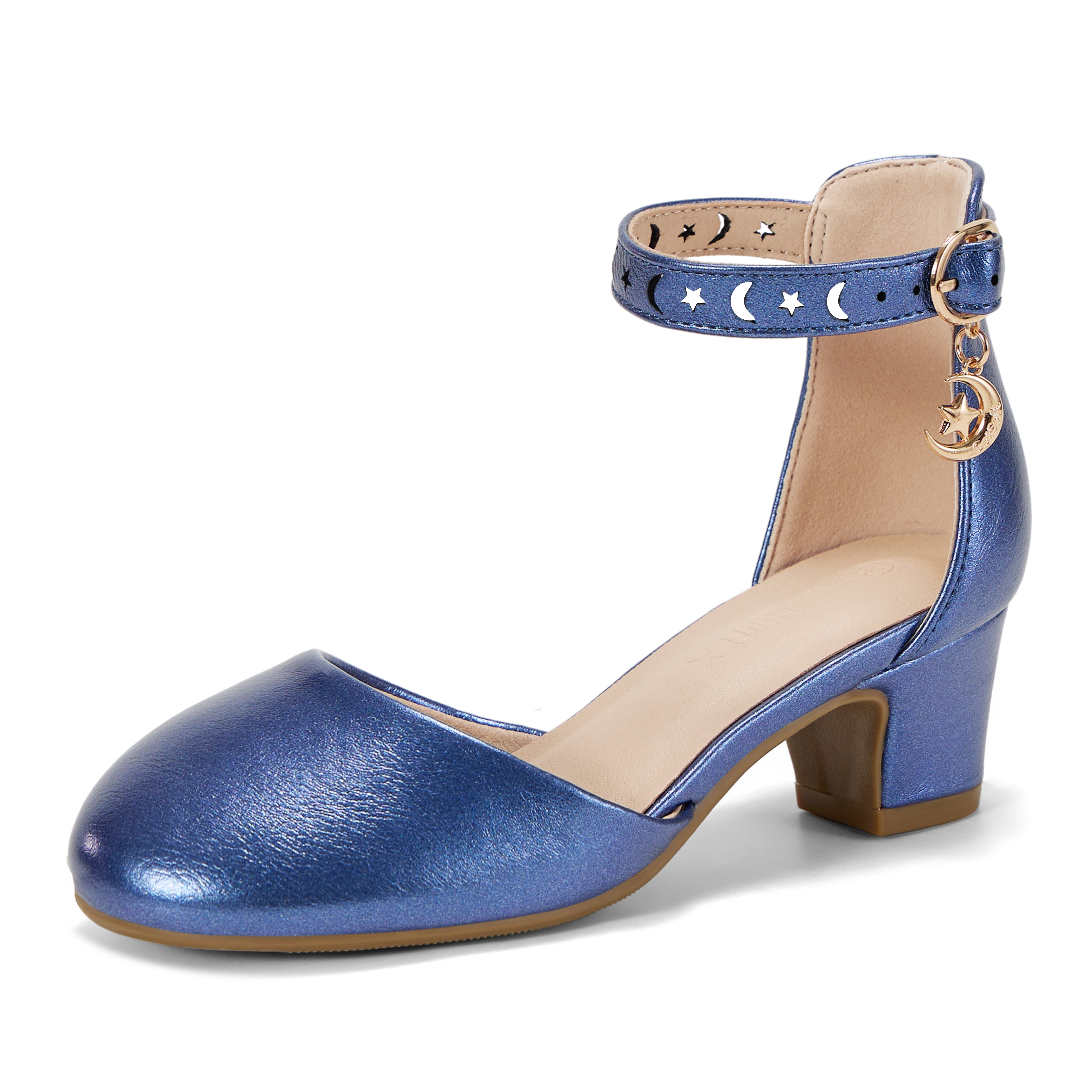 Girls Dress Shoes Ankle Strap Mary Jane Closed Round Toe Pumps Cute Pendant Block Chunky Heels Wedding Party School Birthday Shoes for Little Big Girl