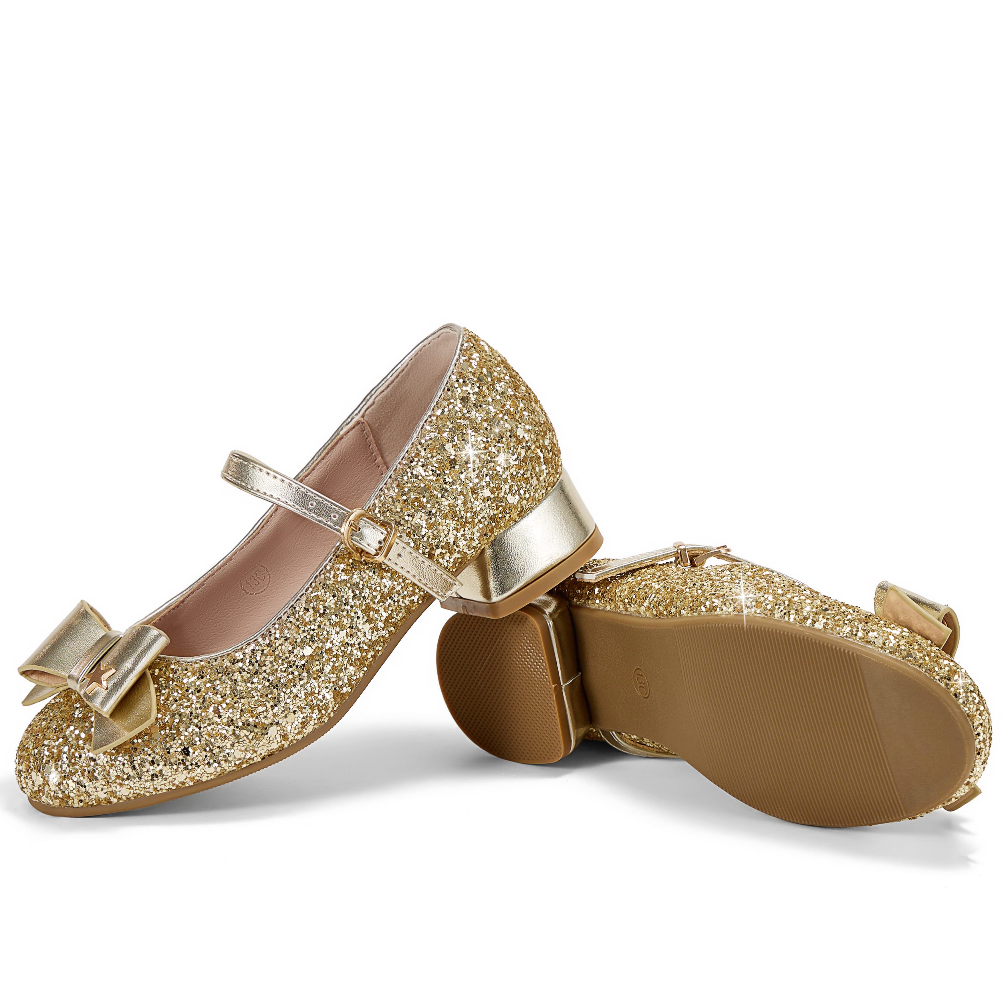 Girls Lambskin Insole Low Heels Mary Jane Ankle Strap Dress Shoes Dress Flats with Ankle Buckle, Bow with Star Detail, Fit Toddler, Little & Big Kid for Wedding, Party and School Daily Wear
