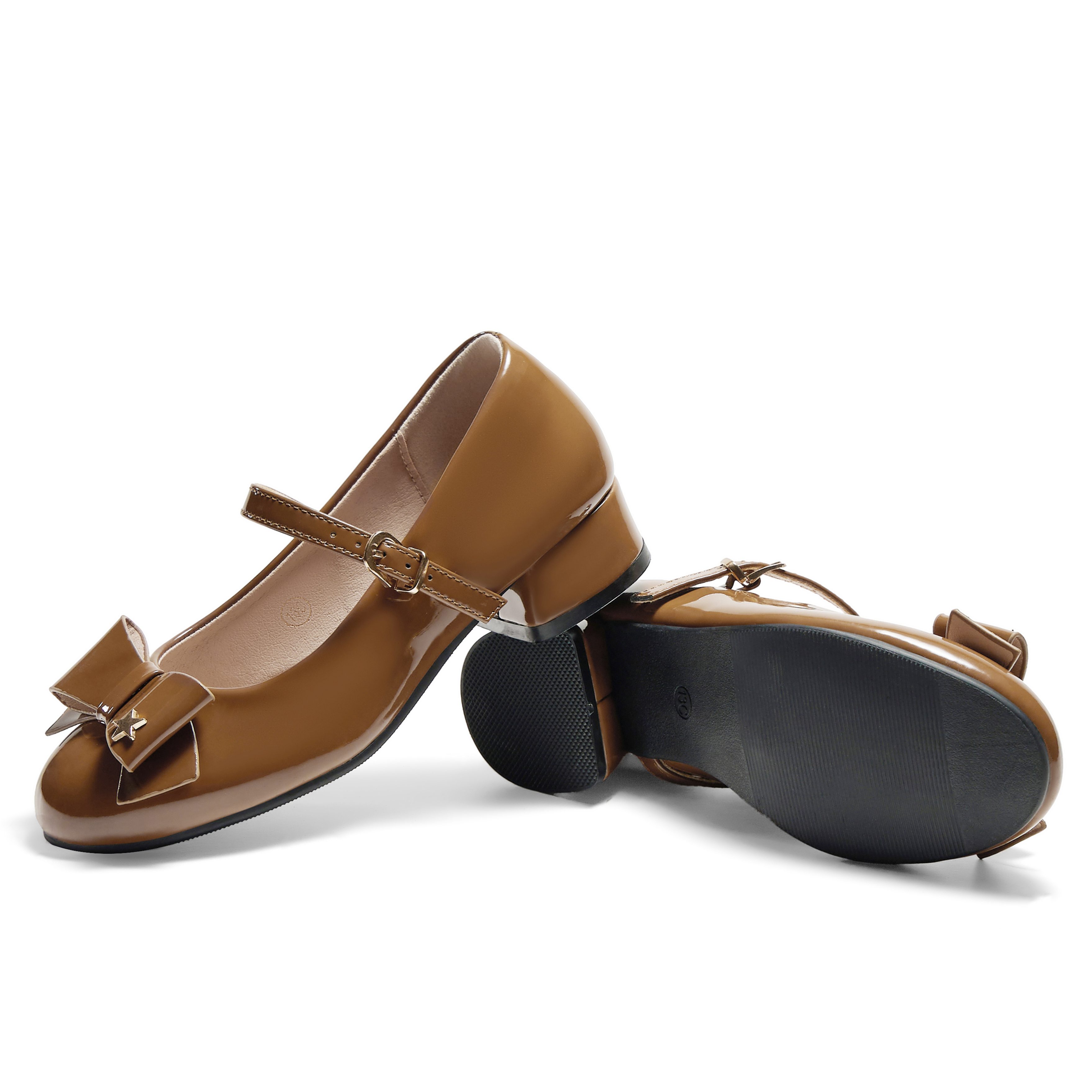 Girls Lambskin Insole Low Heels Mary Jane Ankle Strap Dress Shoes Dress Flats with Ankle Buckle, Bow with Star Detail, Fit Toddler, Little & Big Kid for Wedding, Party and School Daily Wear