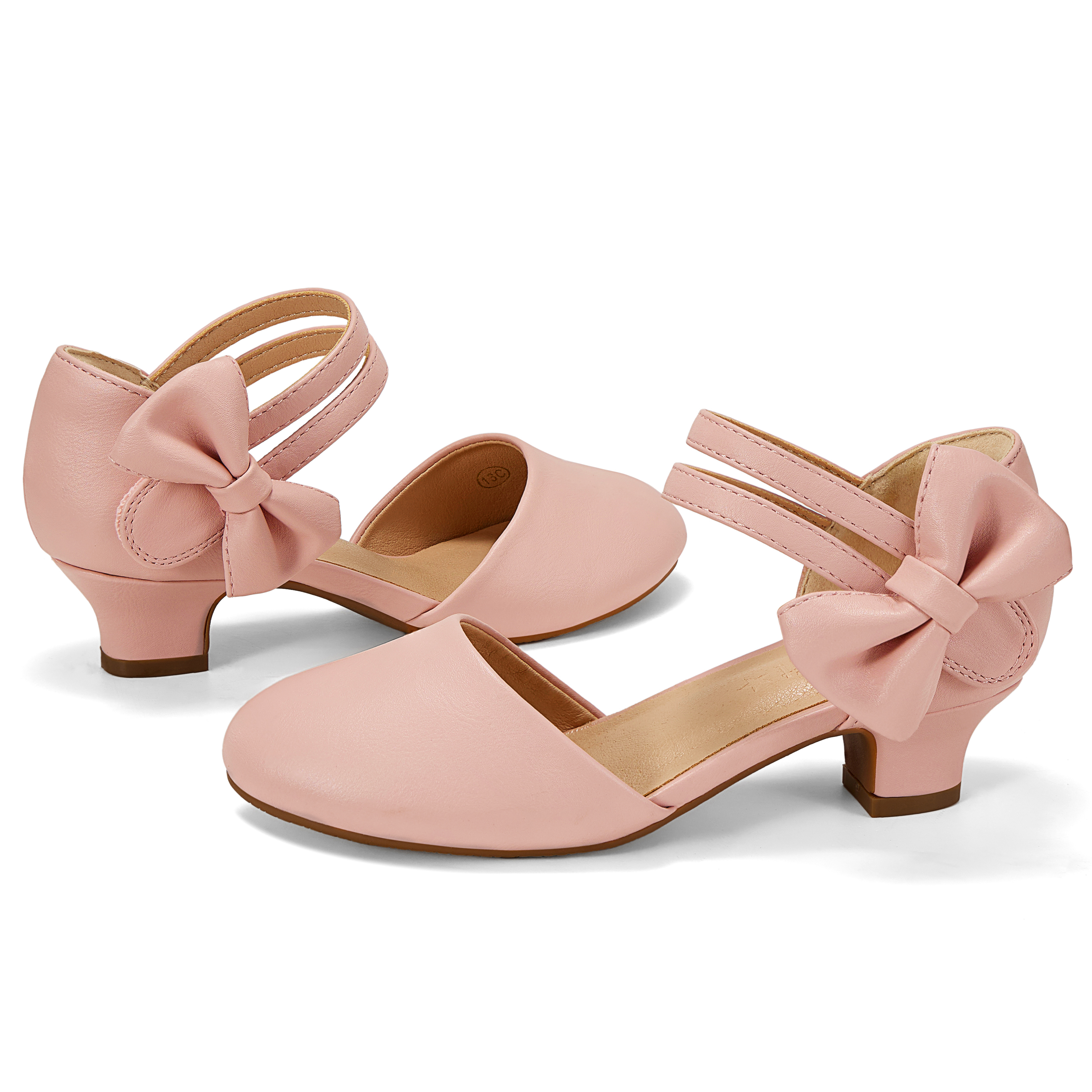 Girls Dress Shoes Bow Closed Toe Low Heels Wedding Pumps Shoes Ankle Strap Party Birthday Cute Pump Round Toe Chunky Heel Closed Toe Hook and Loop Shoes for Little Big Girls