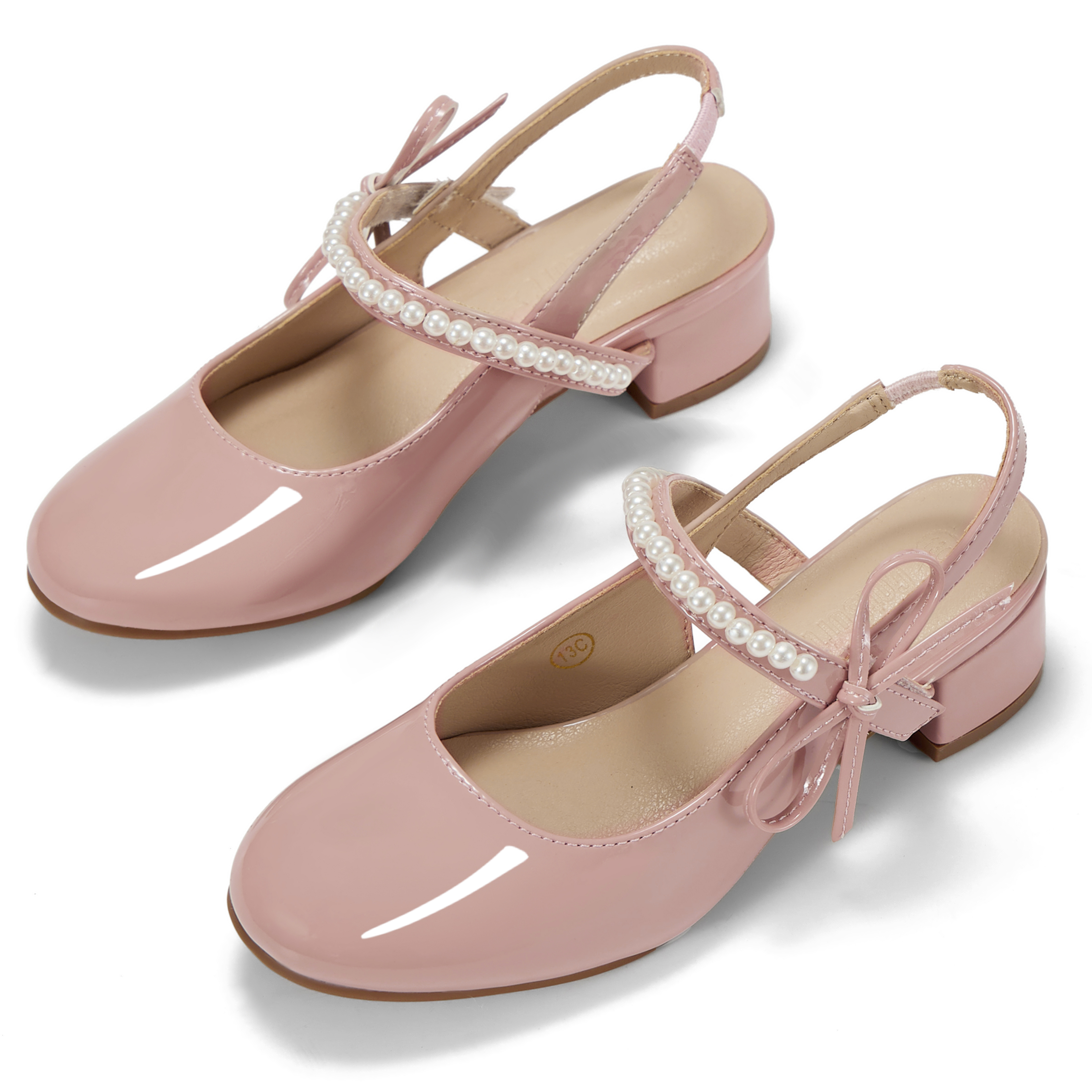 Girls Dress Shoes Low Heel Slingback Mary Jane Bow Pumps Adjustable Hook and Loop Back Strap Low Heel Shoes with Bow, for Wedding, Party, School, Toddler, Little & Big Kid Dress-up