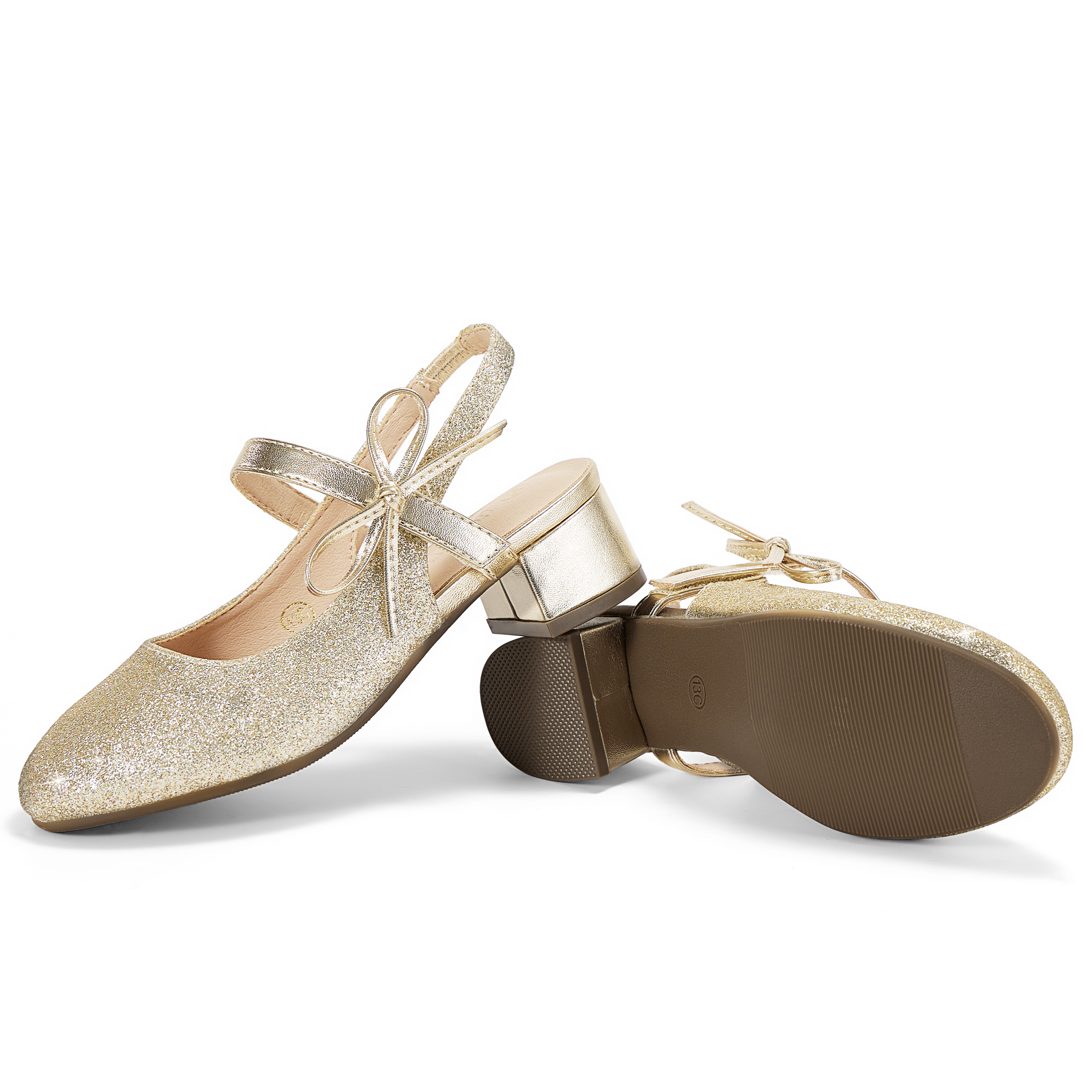 Girls Dress Shoes Low Heel Slingback Mary Jane Bow Pumps Adjustable Hook and Loop Back Strap Low Heel Shoes with Bow, for Wedding, Party, School, Toddler, Little & Big Kid Dress-up