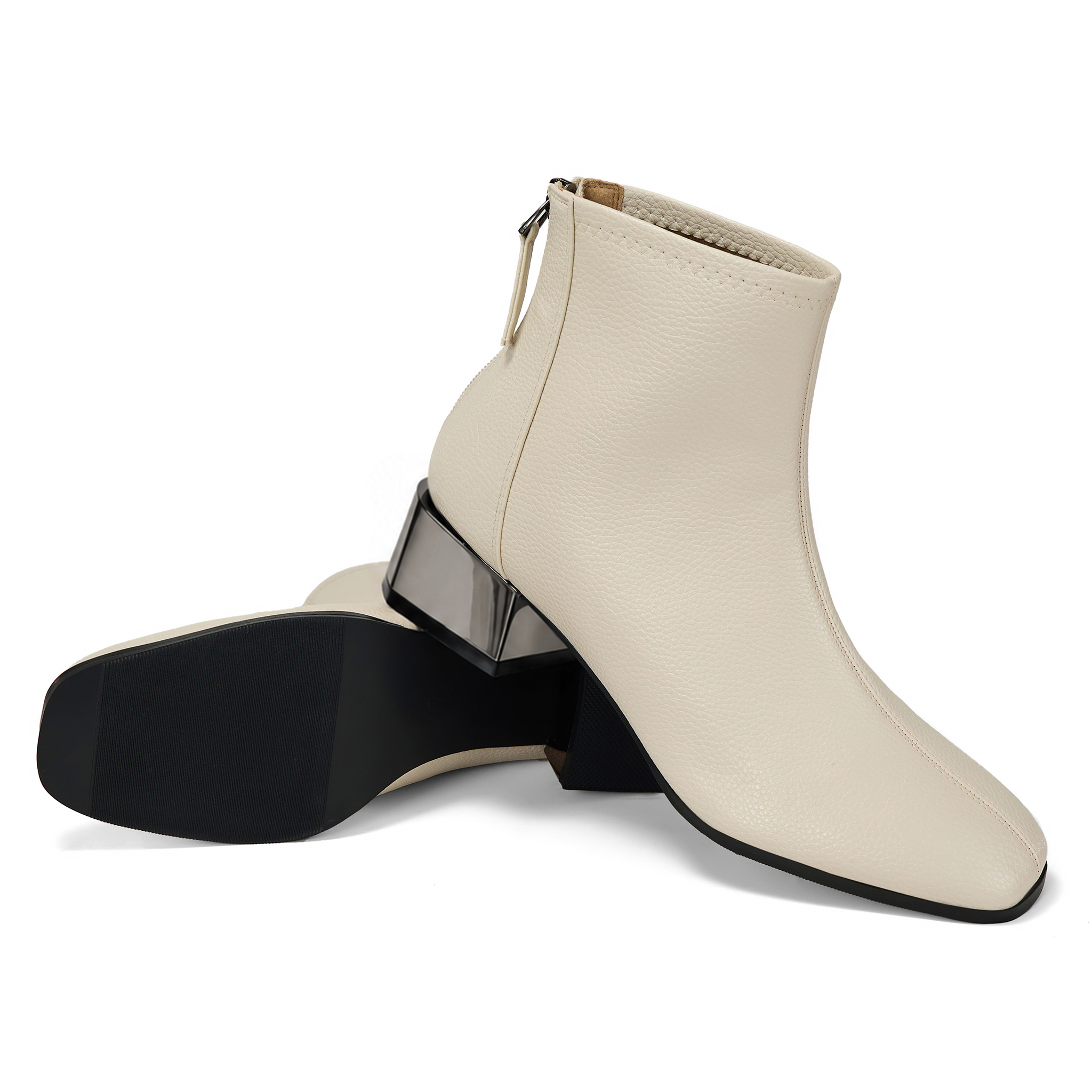 Womens Lambskin Insole Square Toe Ankle Boots Back Zip Plated Heel Modern Rear-zip Ankle Boots with Electroplated Block Heel, Ideal for Office, Dates, Parties & Autumn Daily Wear
