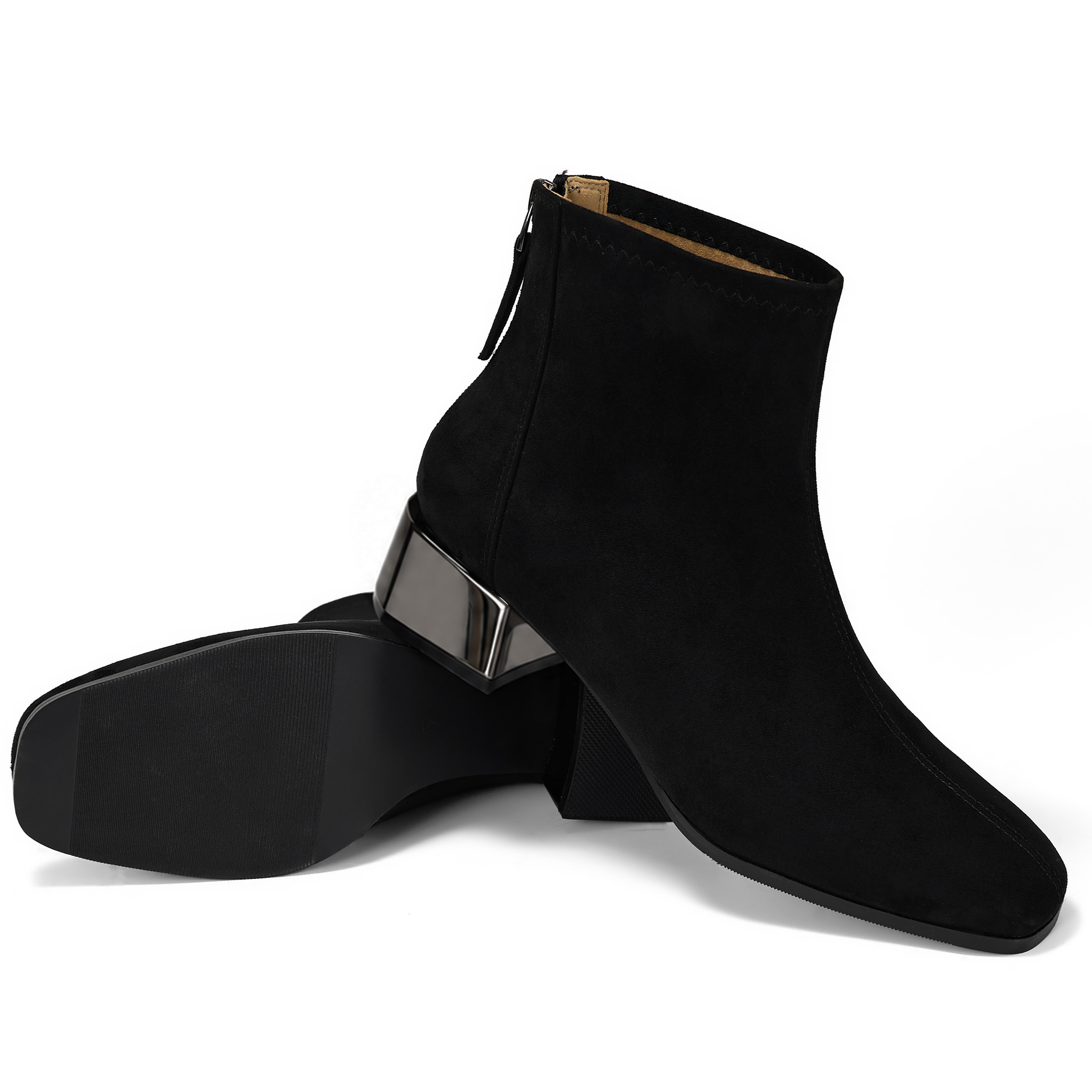 Womens Lambskin Insole Square Toe Ankle Boots Back Zip Plated Heel Modern Rear-zip Ankle Boots with Electroplated Block Heel, Ideal for Office, Dates, Parties & Autumn Daily Wear
