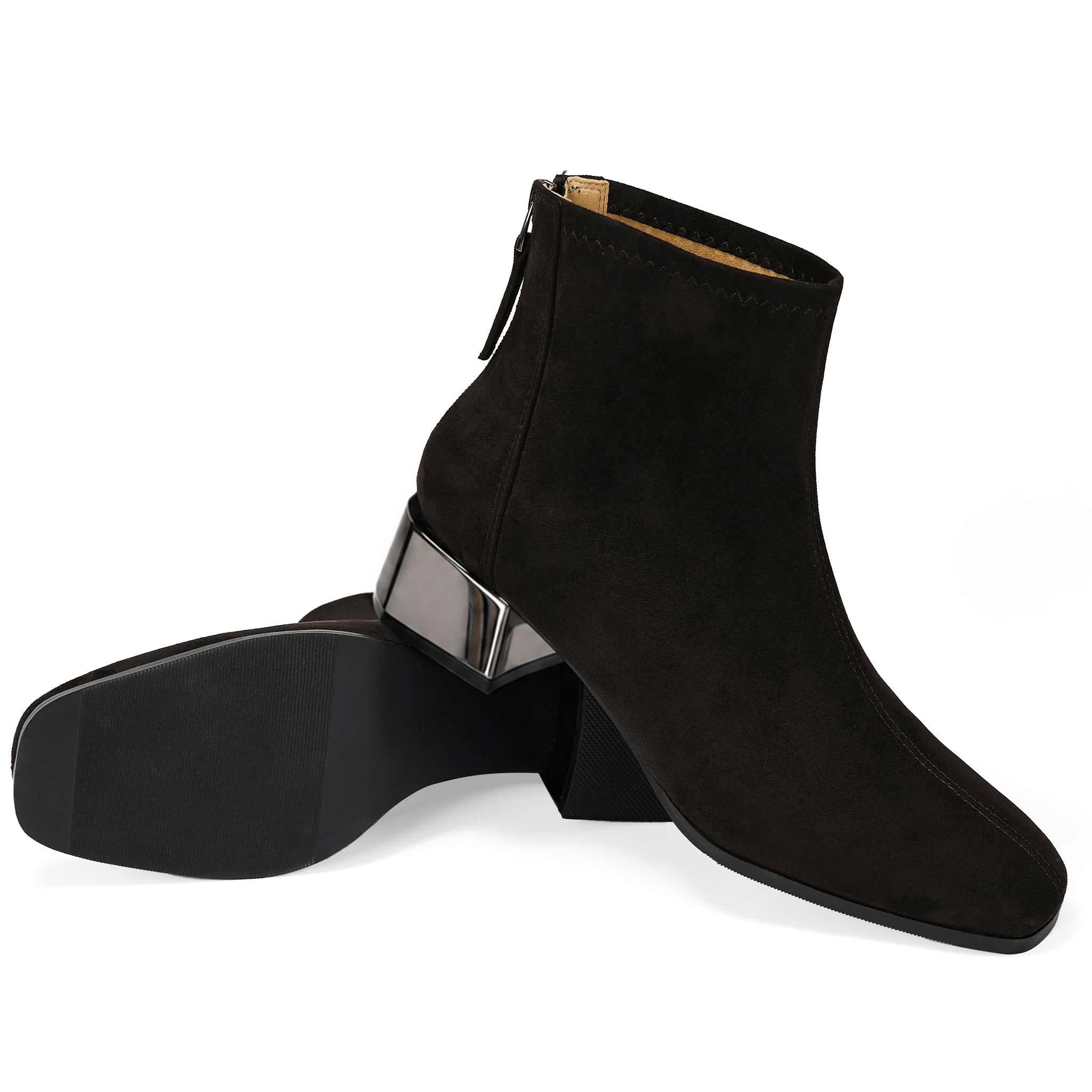 Womens Lambskin Insole Square Toe Ankle Boots Back Zip Plated Heel Modern Rear-zip Ankle Boots with Electroplated Block Heel, Ideal for Office, Dates, Parties & Autumn Daily Wear