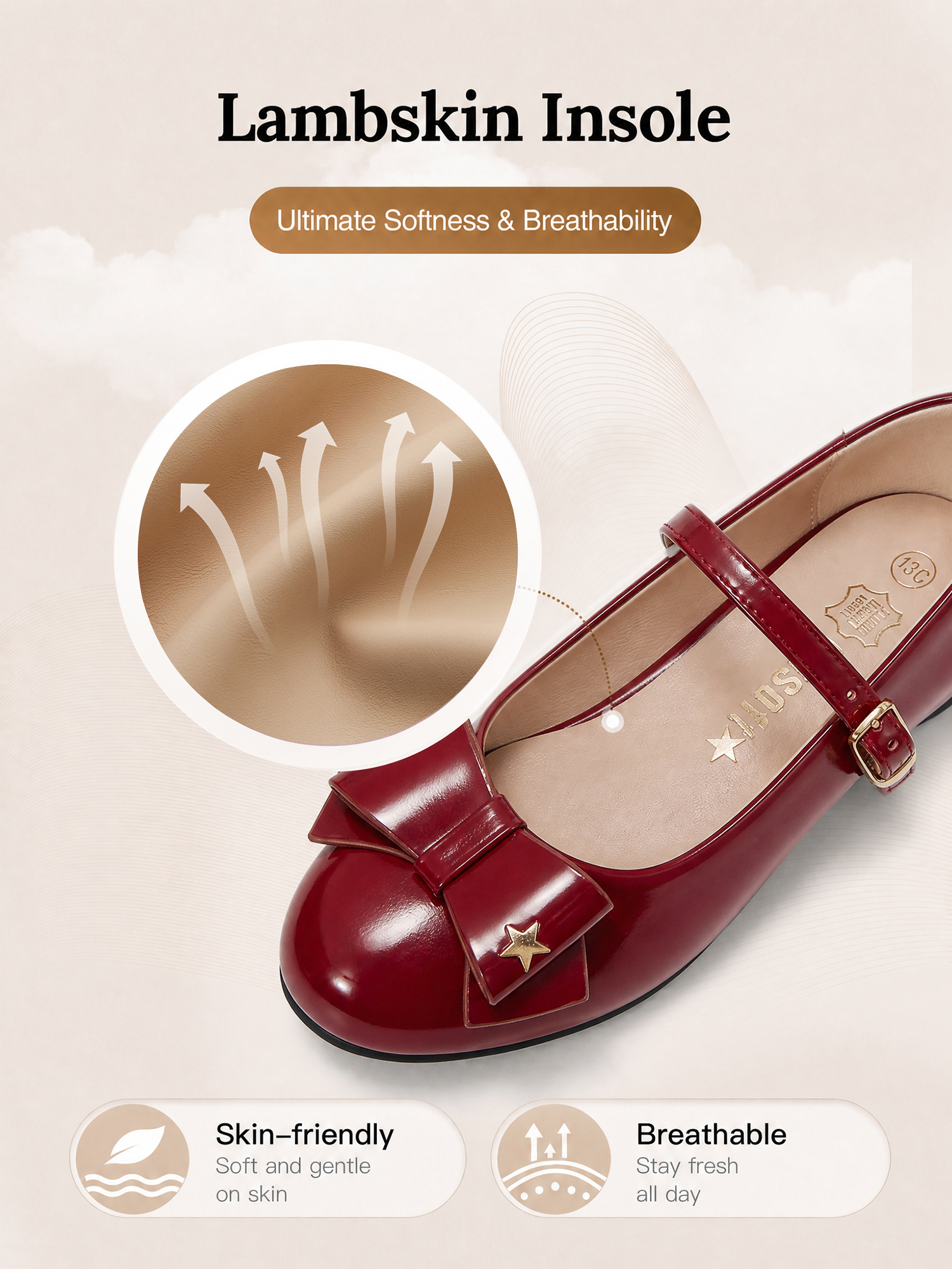 Girls Lambskin Insole Low Heels Mary Jane Ankle Strap Dress Shoes Dress Flats with Ankle Buckle, Bow with Star Detail, Fit Toddler, Little & Big Kid for Wedding, Party and School Daily Wear