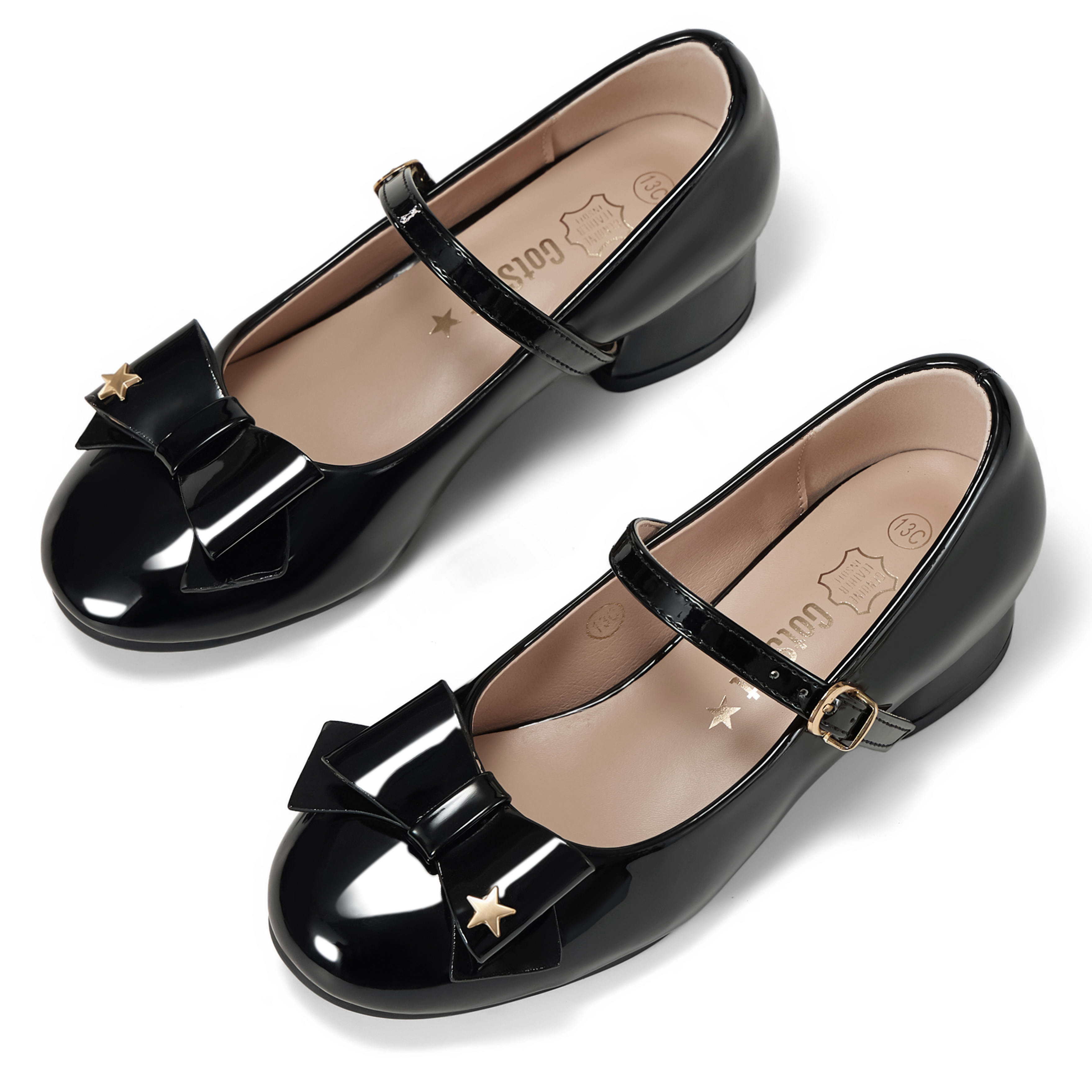 Girls Lambskin Insole Low Heels Mary Jane Ankle Strap Dress Shoes Dress Flats with Ankle Buckle, Bow with Star Detail, Fit Toddler, Little & Big Kid for Wedding, Party and School Daily Wear