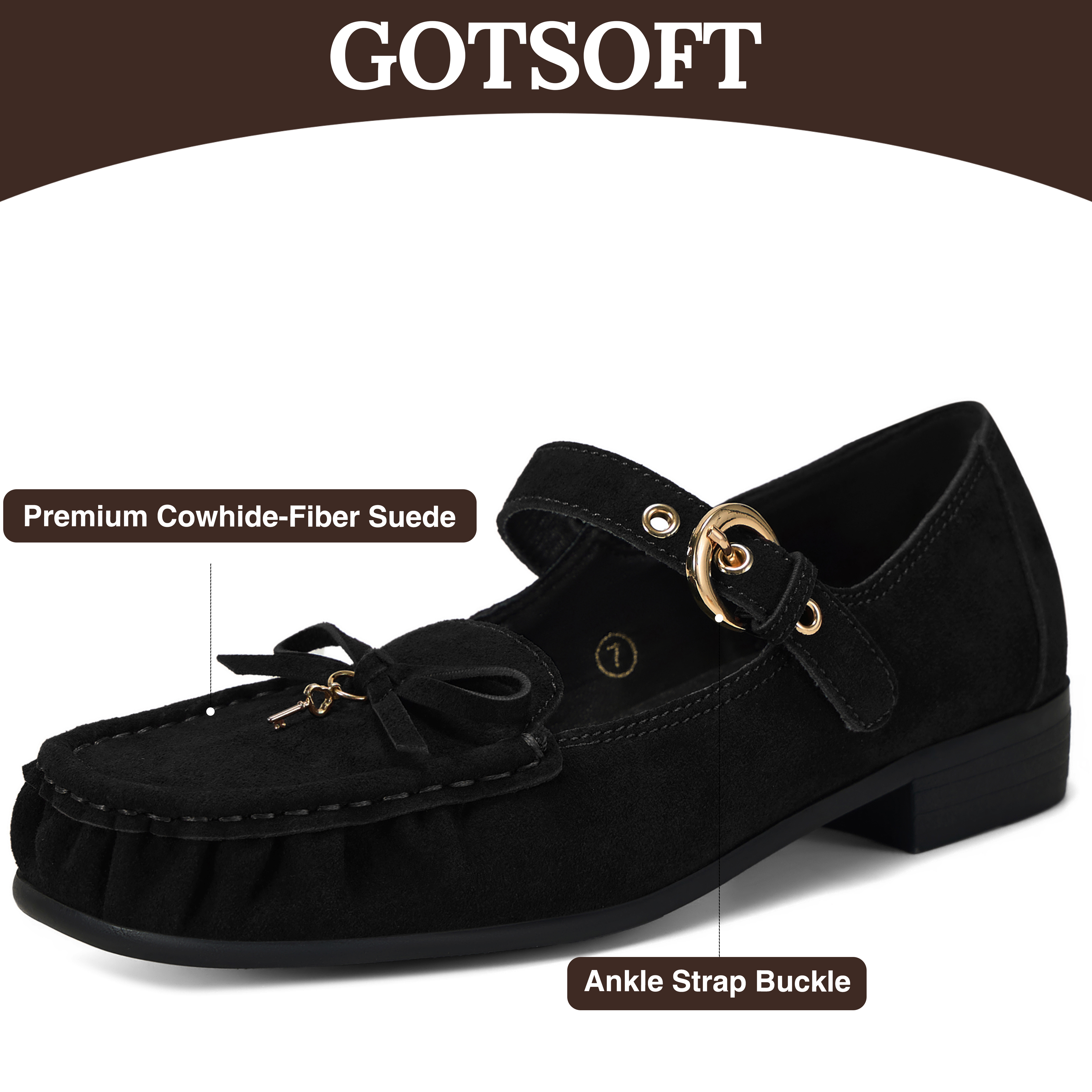 Women's Genuine Leather Loafers Bow Buckle Comfortable Dress Shoes Classic Retro Moccasin Loafer, with Lock‑Charm Decoration, Dress Shoes for Office Work Party College and Daily Wear