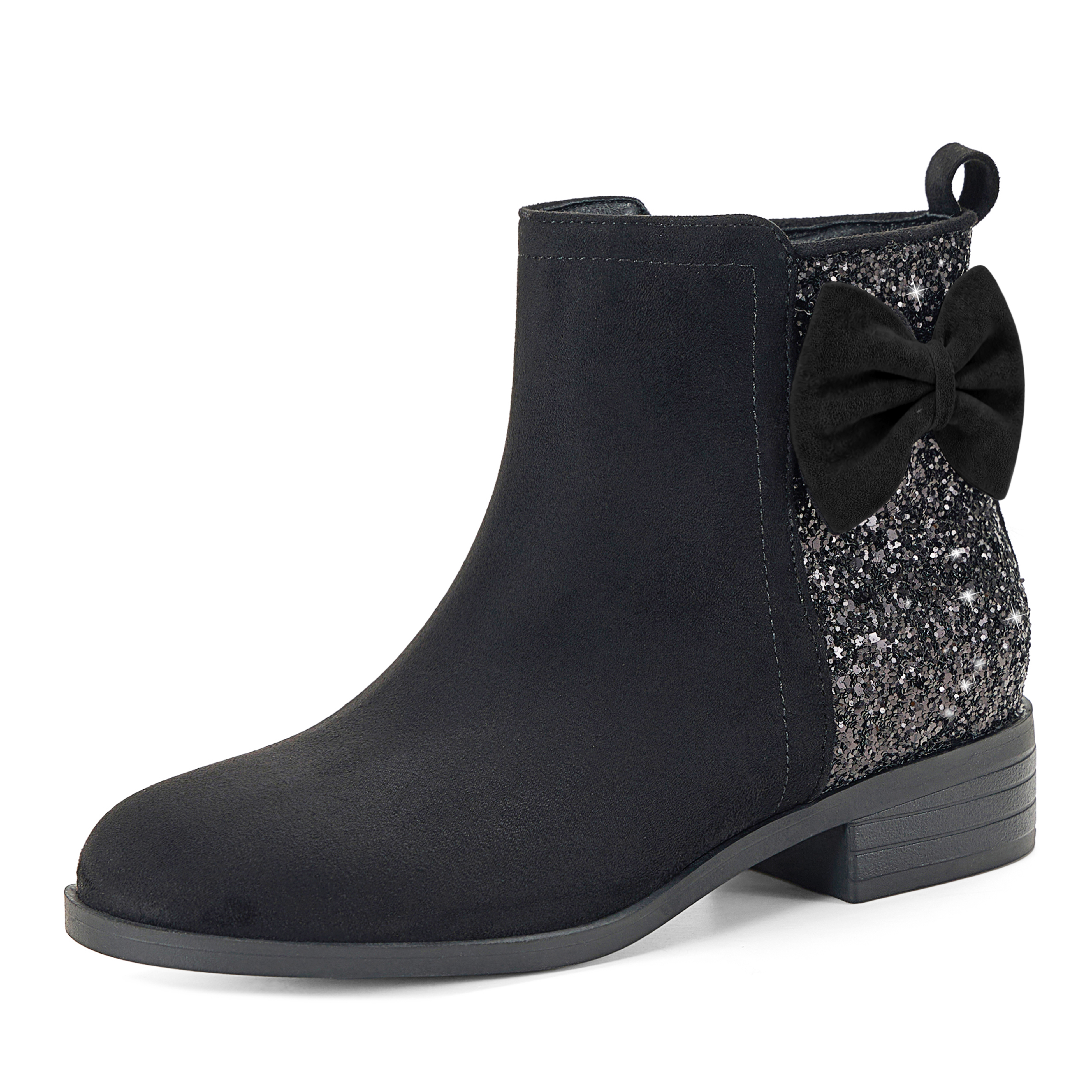 Girls Bow Glitter Ankle Boots Side Zipper Low Heel Dress Shoes | Cute Bow Knot Booties Low Chunky Heel Comfortable School Shoes for Little Big Kid