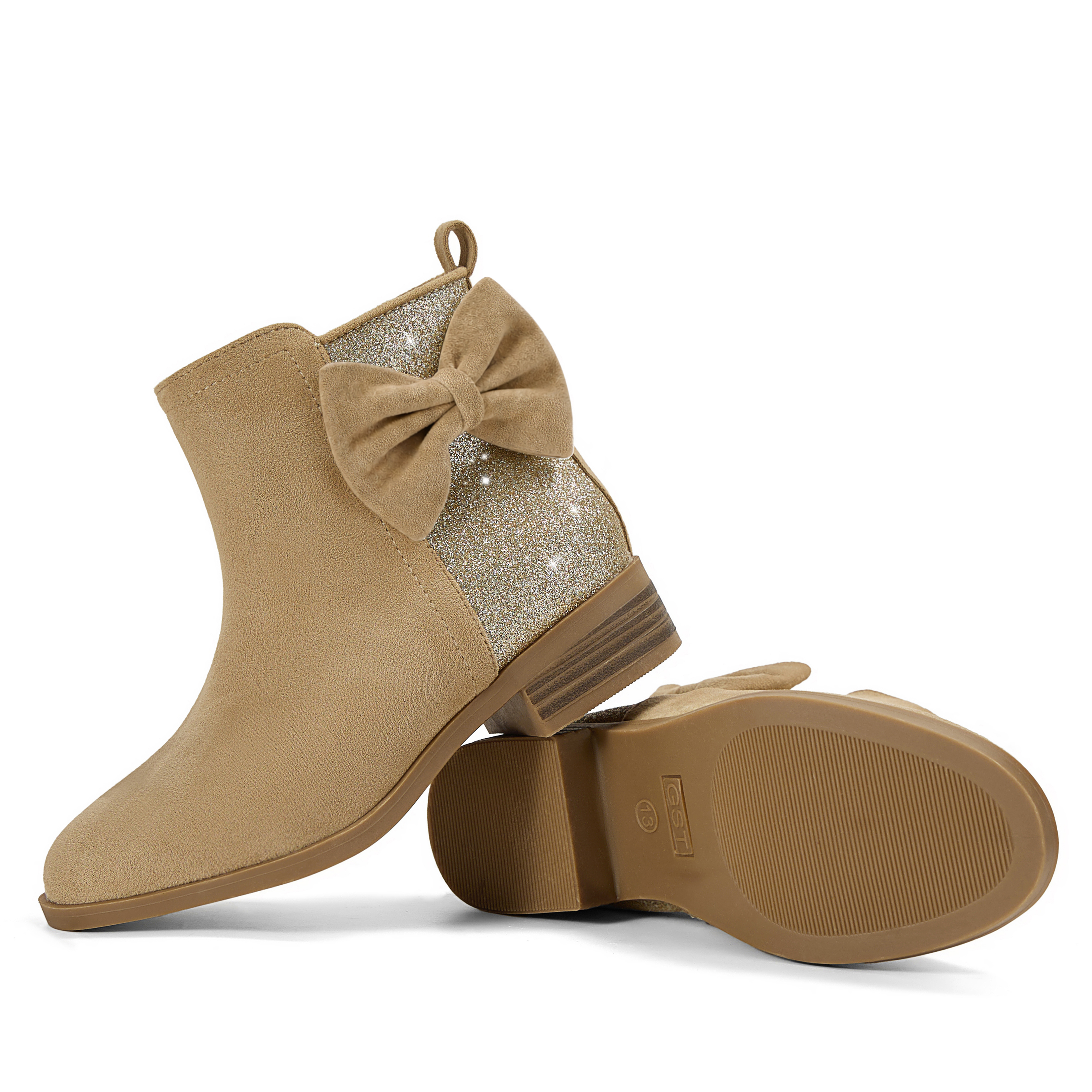 Girls Bow Glitter Ankle Boots Side Zipper Low Heel Dress Shoes | Cute Bow Knot Booties Low Chunky Heel Comfortable School Shoes for Little Big Kid