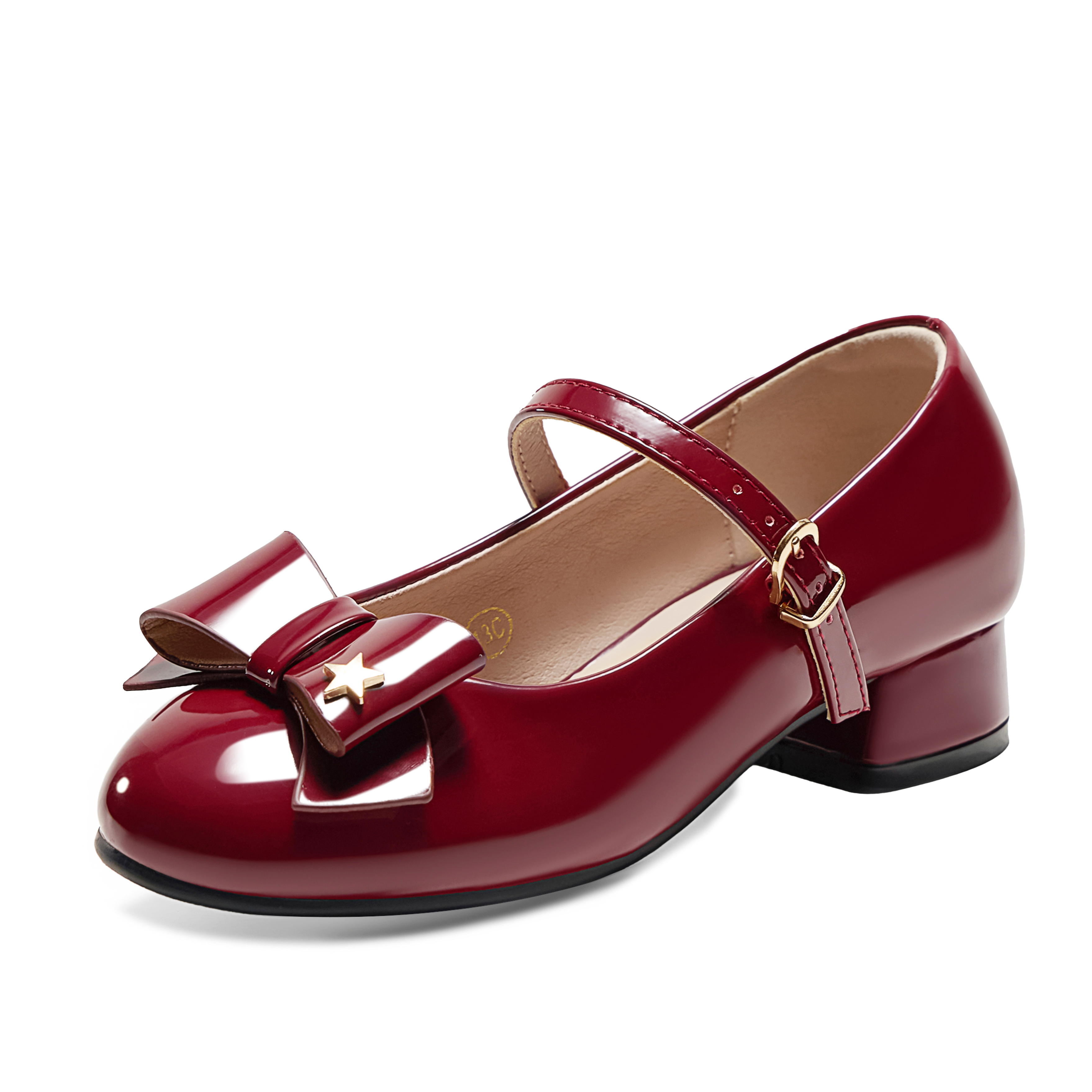Girls Lambskin Insole Low Heels Mary Jane Ankle Strap Dress Shoes Dress Flats with Ankle Buckle, Bow with Star Detail, Fit Toddler, Little & Big Kid for Wedding, Party and School Daily Wear