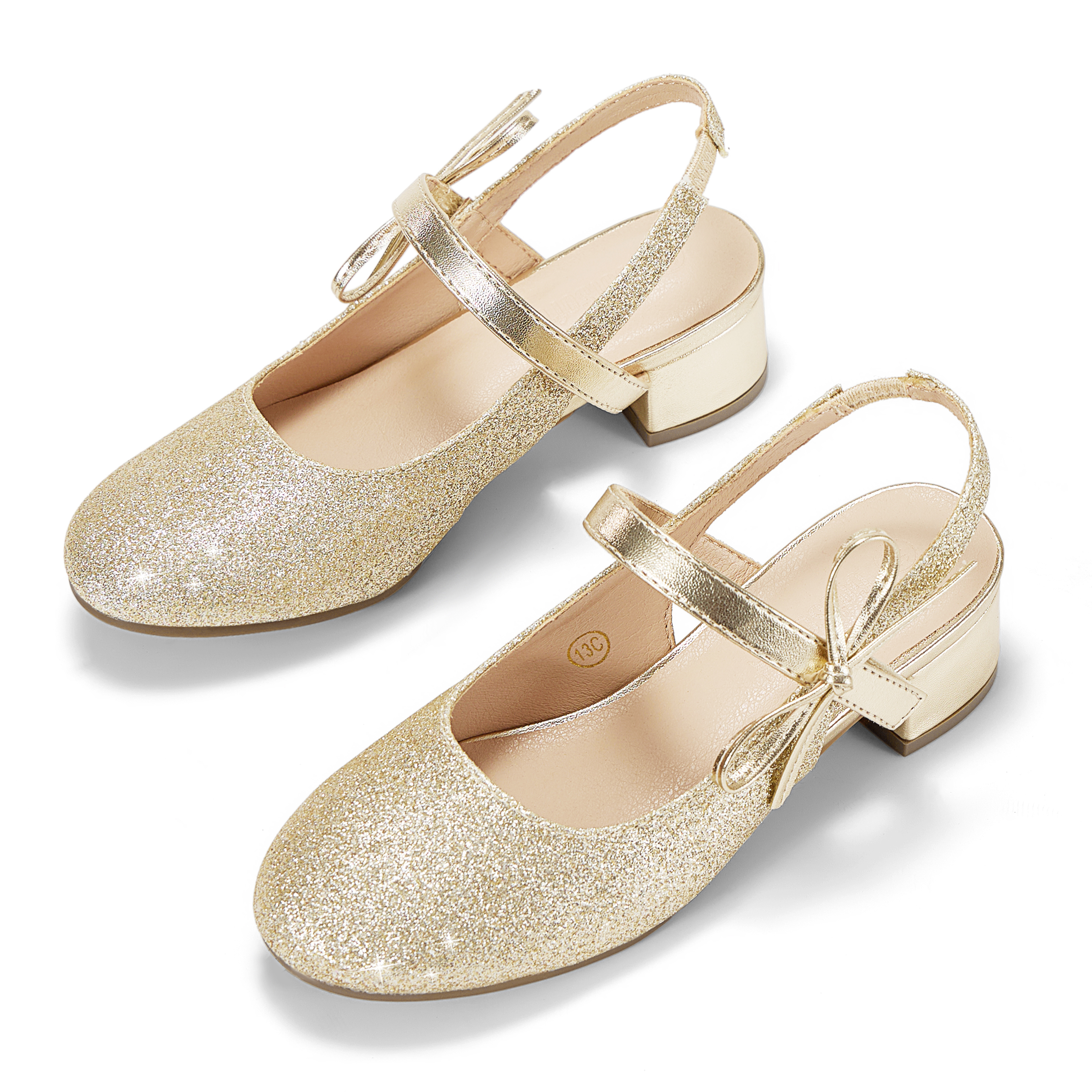 Girls Dress Shoes Low Heel Slingback Mary Jane Bow Pumps Adjustable Hook and Loop Back Strap Low Heel Shoes with Bow, for Wedding, Party, School, Toddler, Little & Big Kid Dress-up