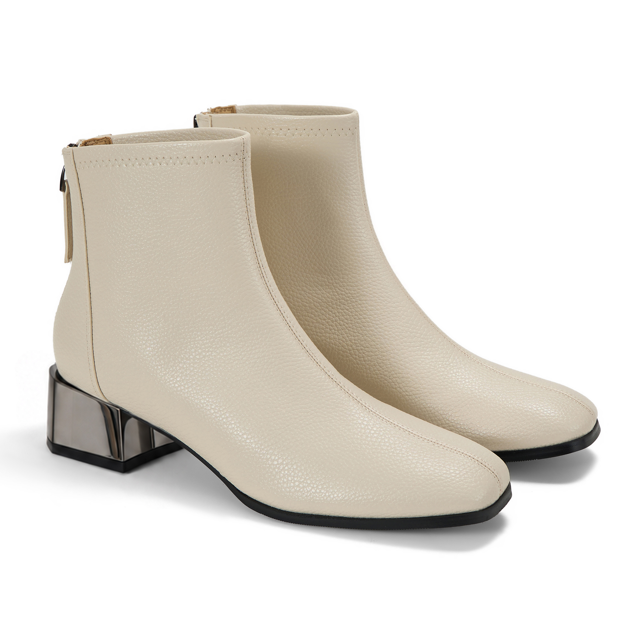 Womens Lambskin Insole Square Toe Ankle Boots Back Zip Plated Heel Modern Rear-zip Ankle Boots with Electroplated Block Heel, Ideal for Office, Dates, Parties & Autumn Daily Wear