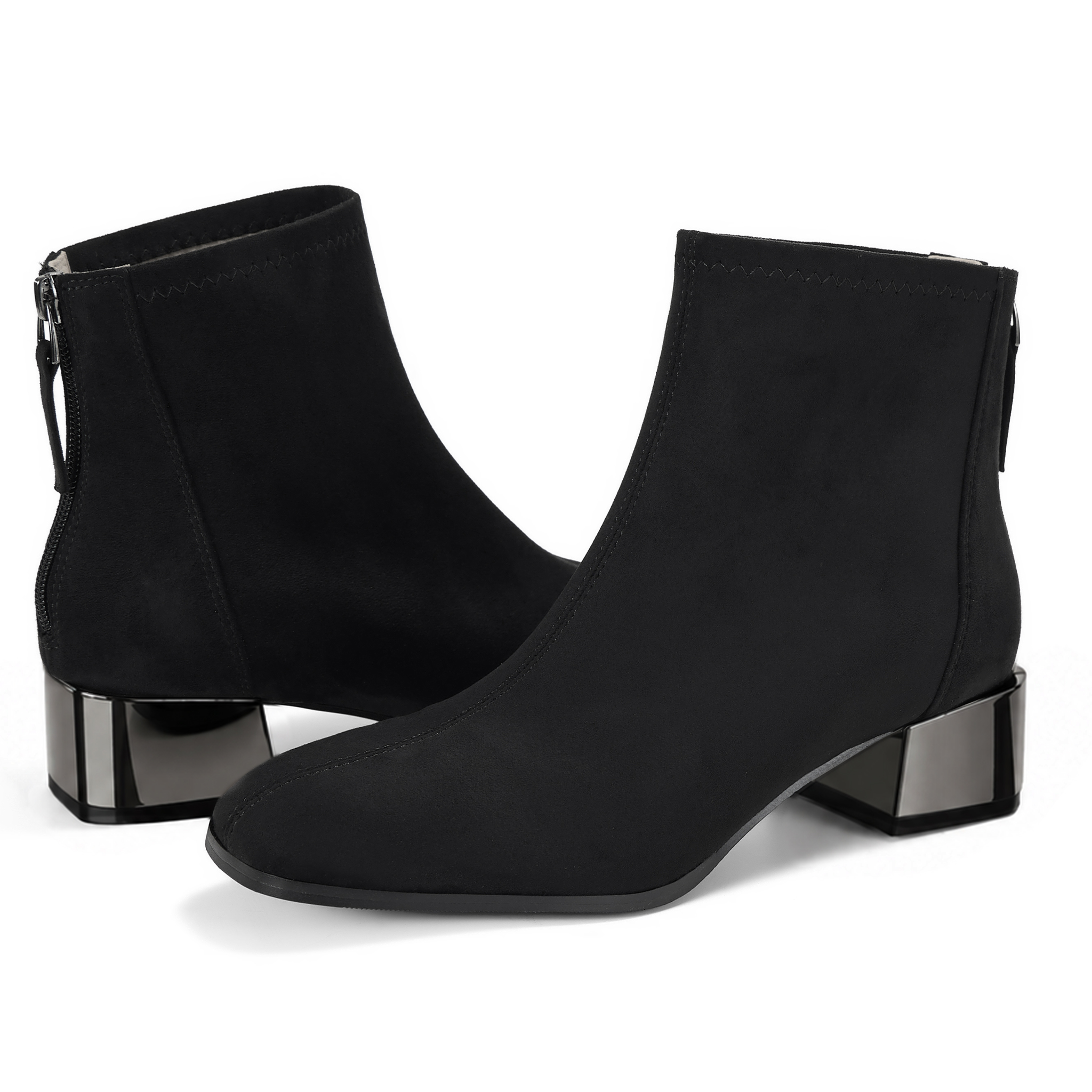 Womens Lambskin Insole Square Toe Ankle Boots Back Zip Plated Heel Modern Rear-zip Ankle Boots with Electroplated Block Heel, Ideal for Office, Dates, Parties & Autumn Daily Wear