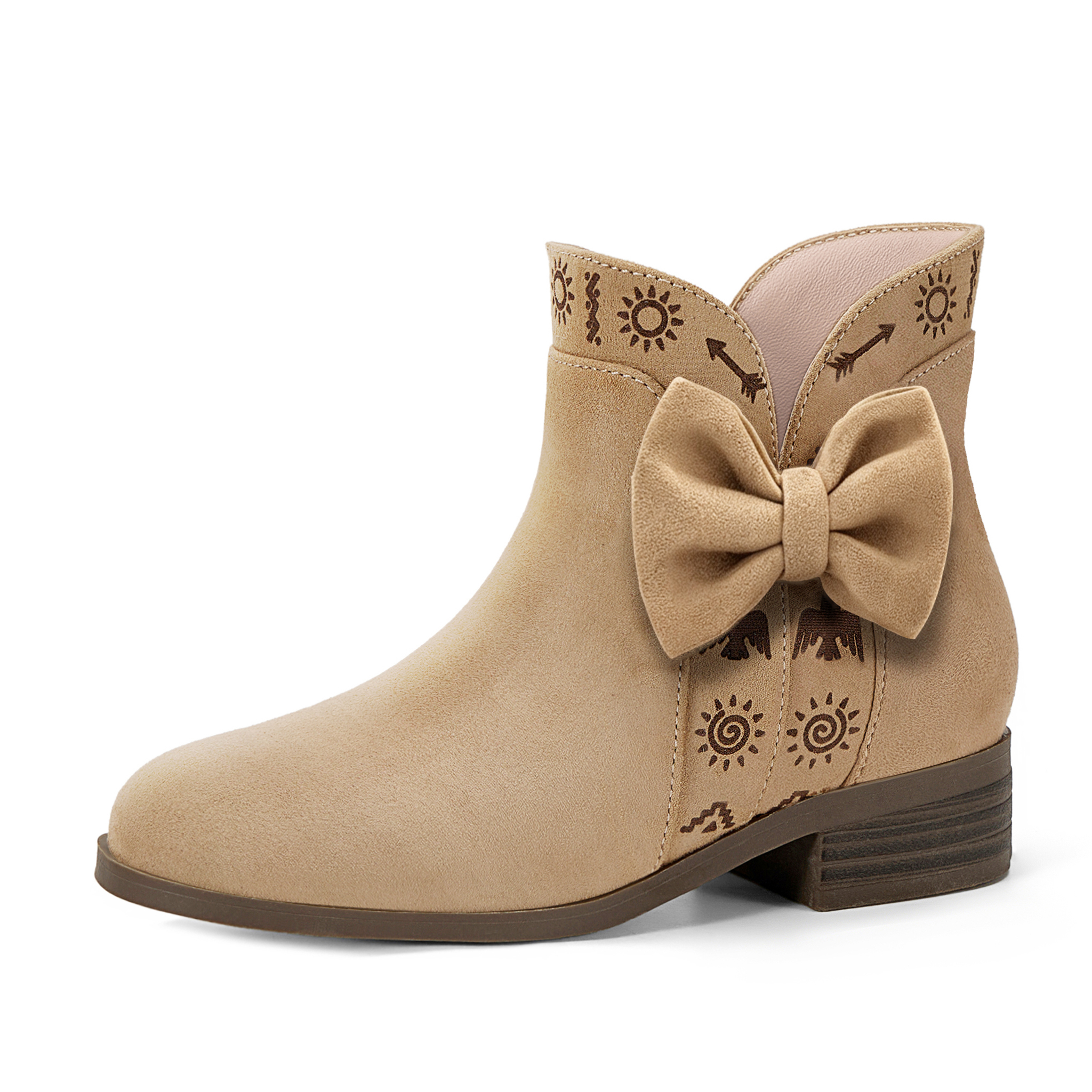 Girls Lambskin Insole Ankle Boots Side Bow Low Heel Booties Shoes Cute Bow Knot Lambskin Booties Low Chunky Heel Comfortable Party School Daily Shoes for Little Big Kid