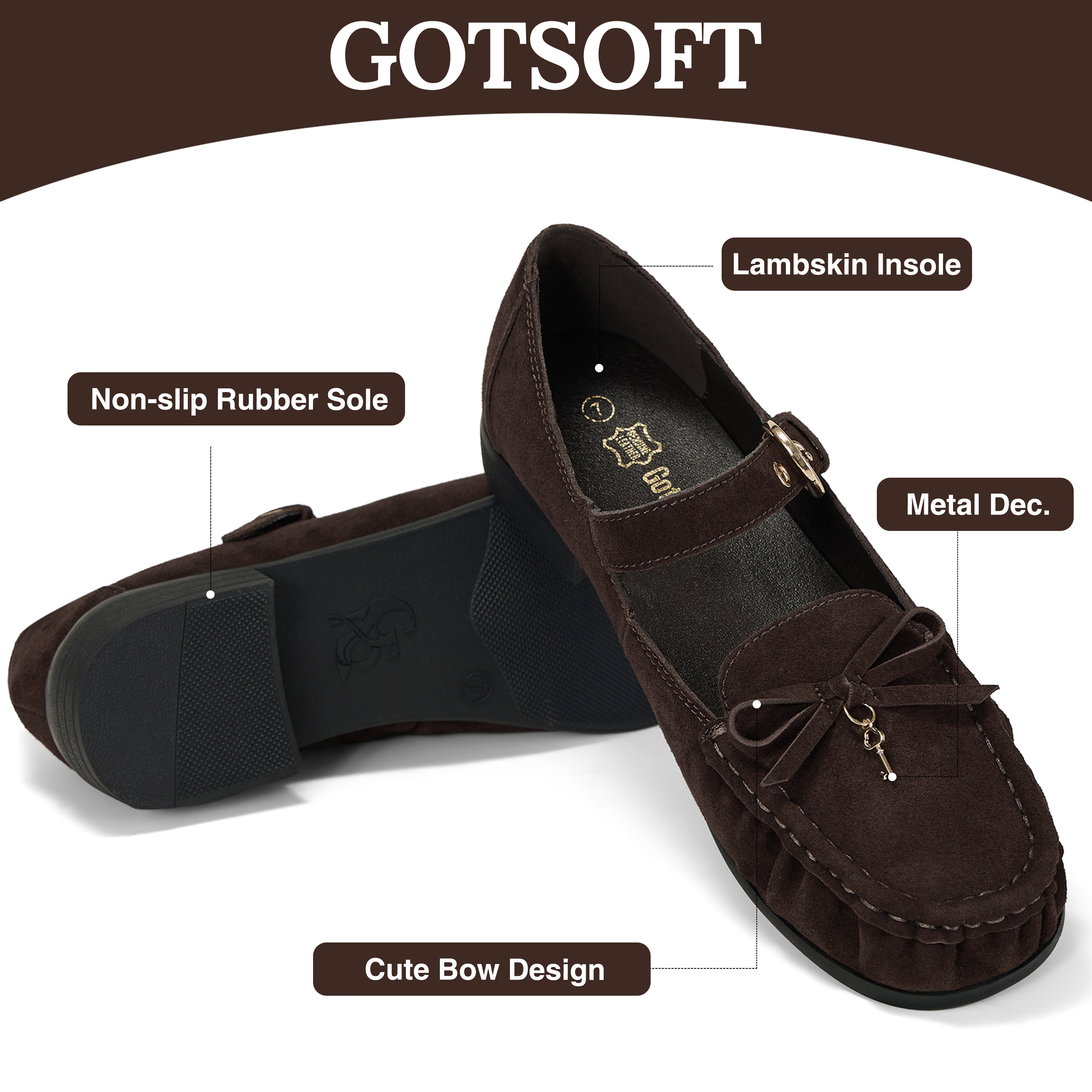 Women's Genuine Leather Loafers Bow Buckle Comfortable Dress Shoes Classic Retro Moccasin Loafer, with Lock‑Charm Decoration, Dress Shoes for Office Work Party College and Daily Wear