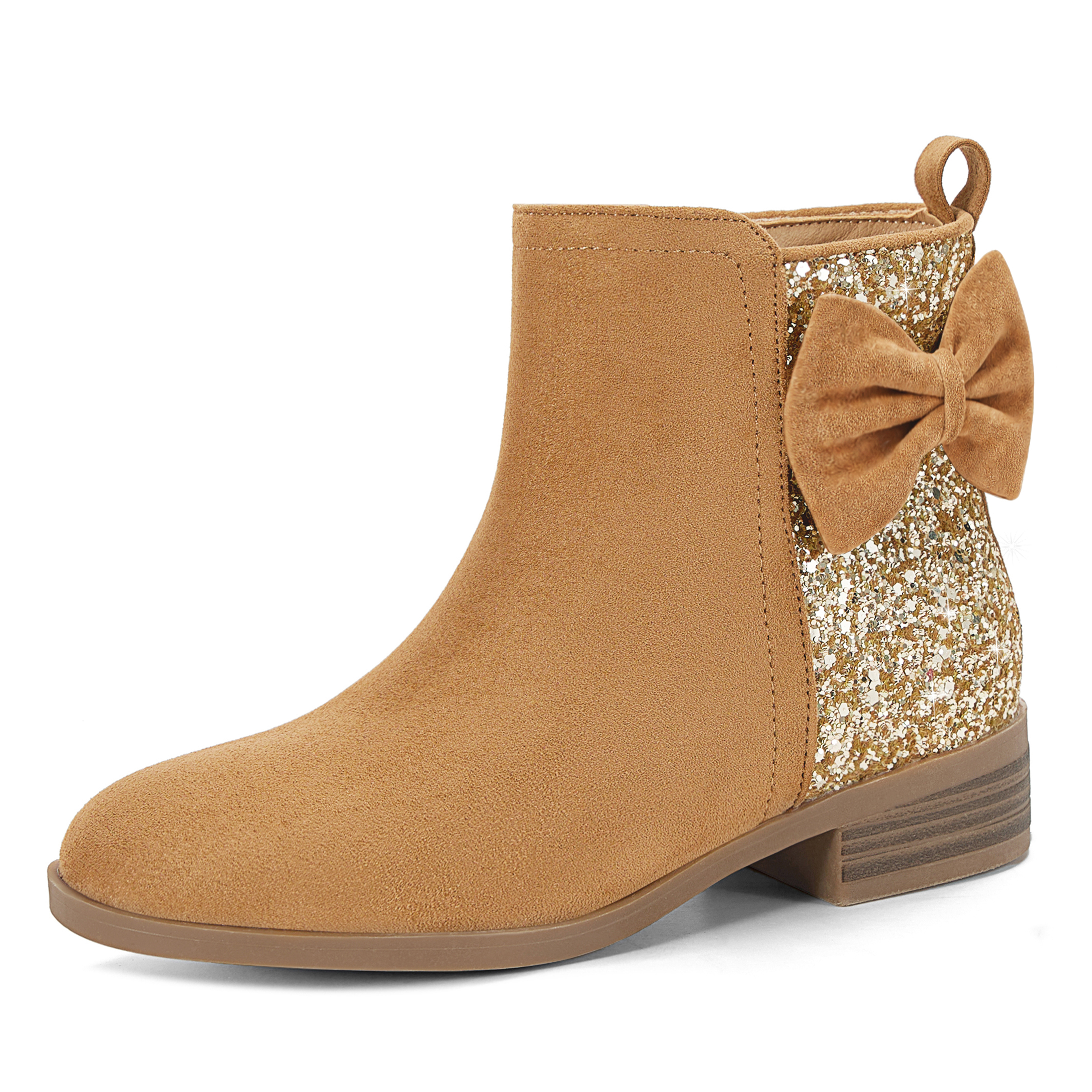 Girls Bow Glitter Ankle Boots Side Zipper Low Heel Dress Shoes | Cute Bow Knot Booties Low Chunky Heel Comfortable School Shoes for Little Big Kid