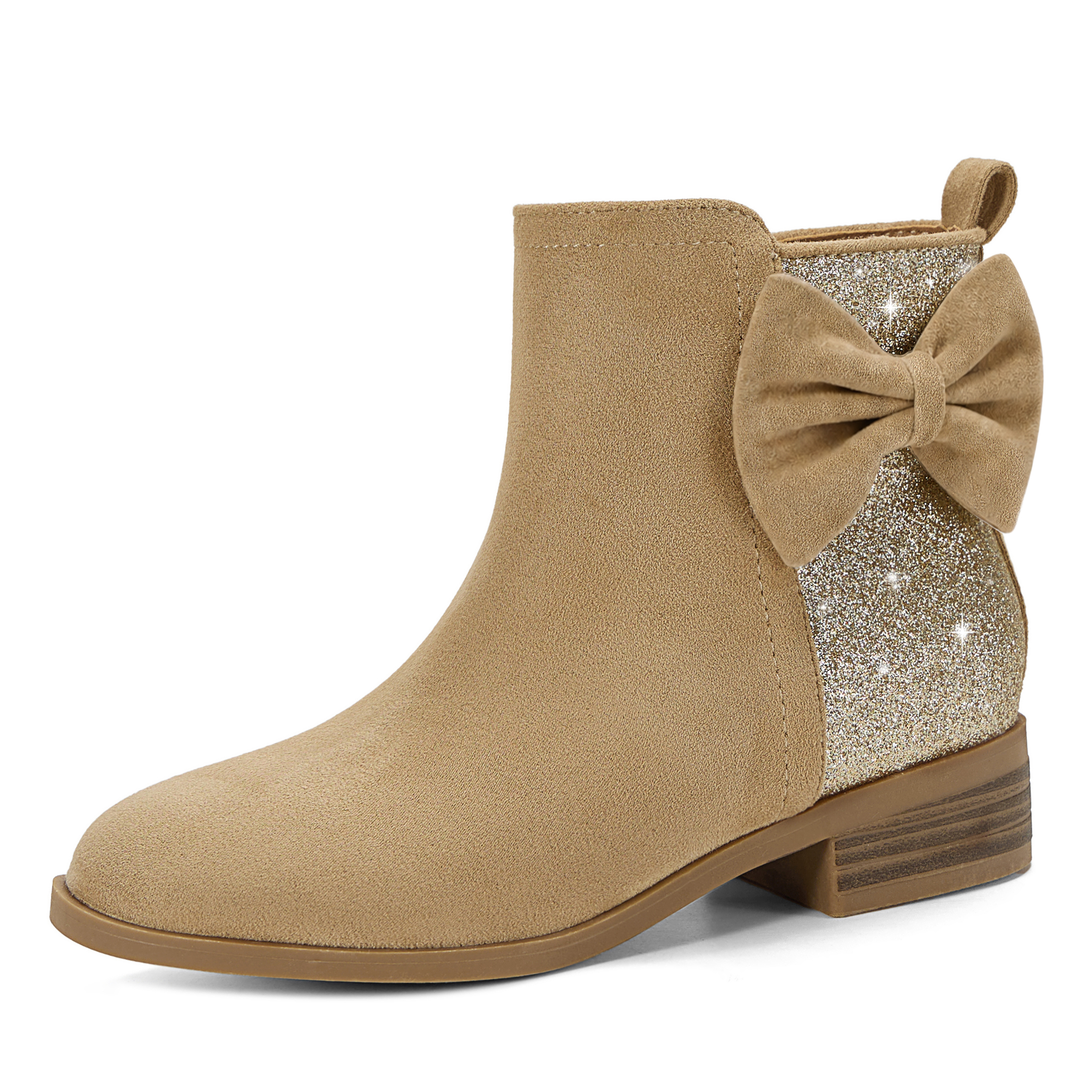 Girls Bow Glitter Ankle Boots Side Zipper Low Heel Dress Shoes | Cute Bow Knot Booties Low Chunky Heel Comfortable School Shoes for Little Big Kid