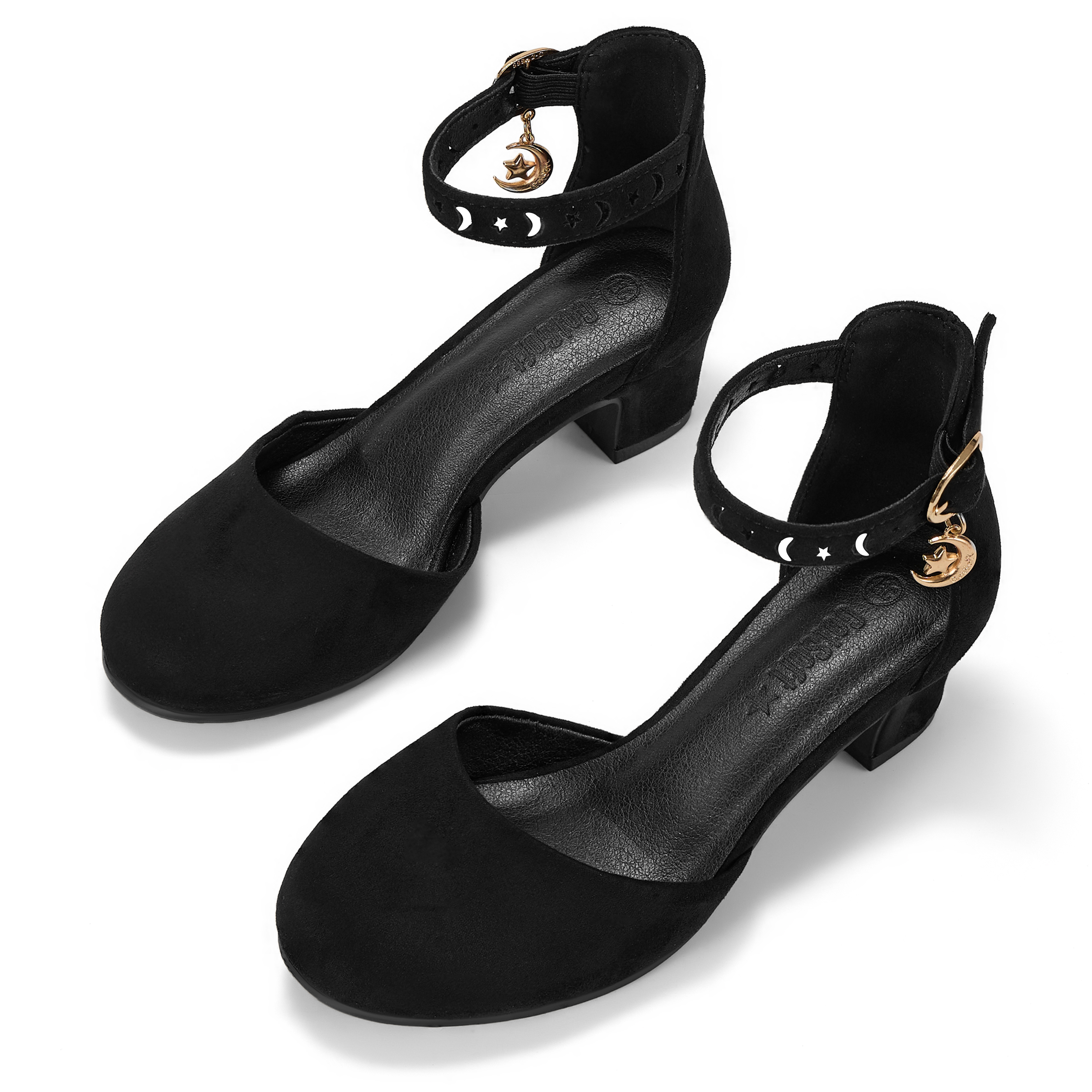 Girls Dress Shoes Ankle Strap Mary Jane Closed Round Toe Pumps Cute Pendant Block Chunky Heels Wedding Party School Birthday Shoes for Little Big Girl