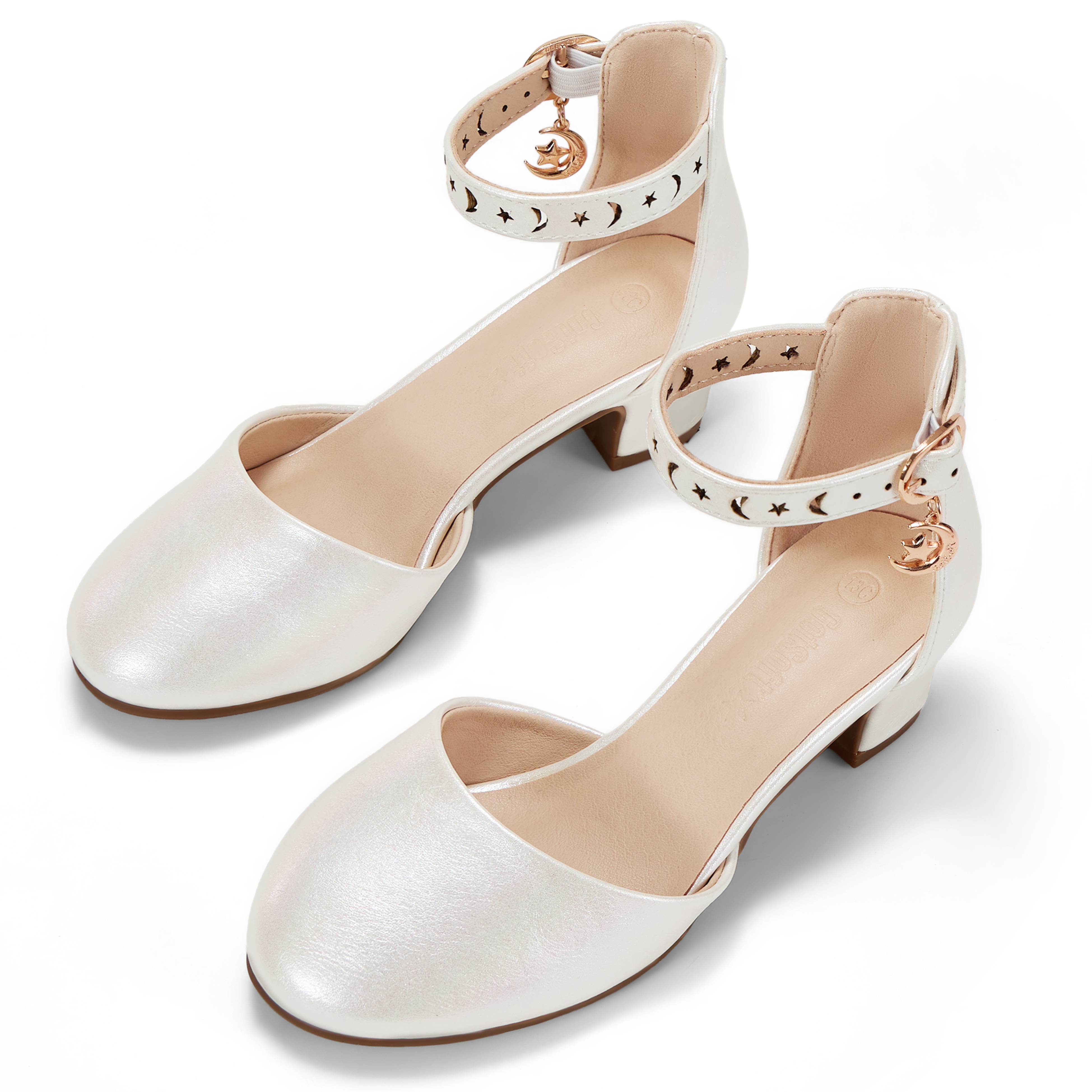 Girls Dress Shoes Ankle Strap Mary Jane Closed Round Toe Pumps Cute Pendant Block Chunky Heels Wedding Party School Birthday Shoes for Little Big Girl