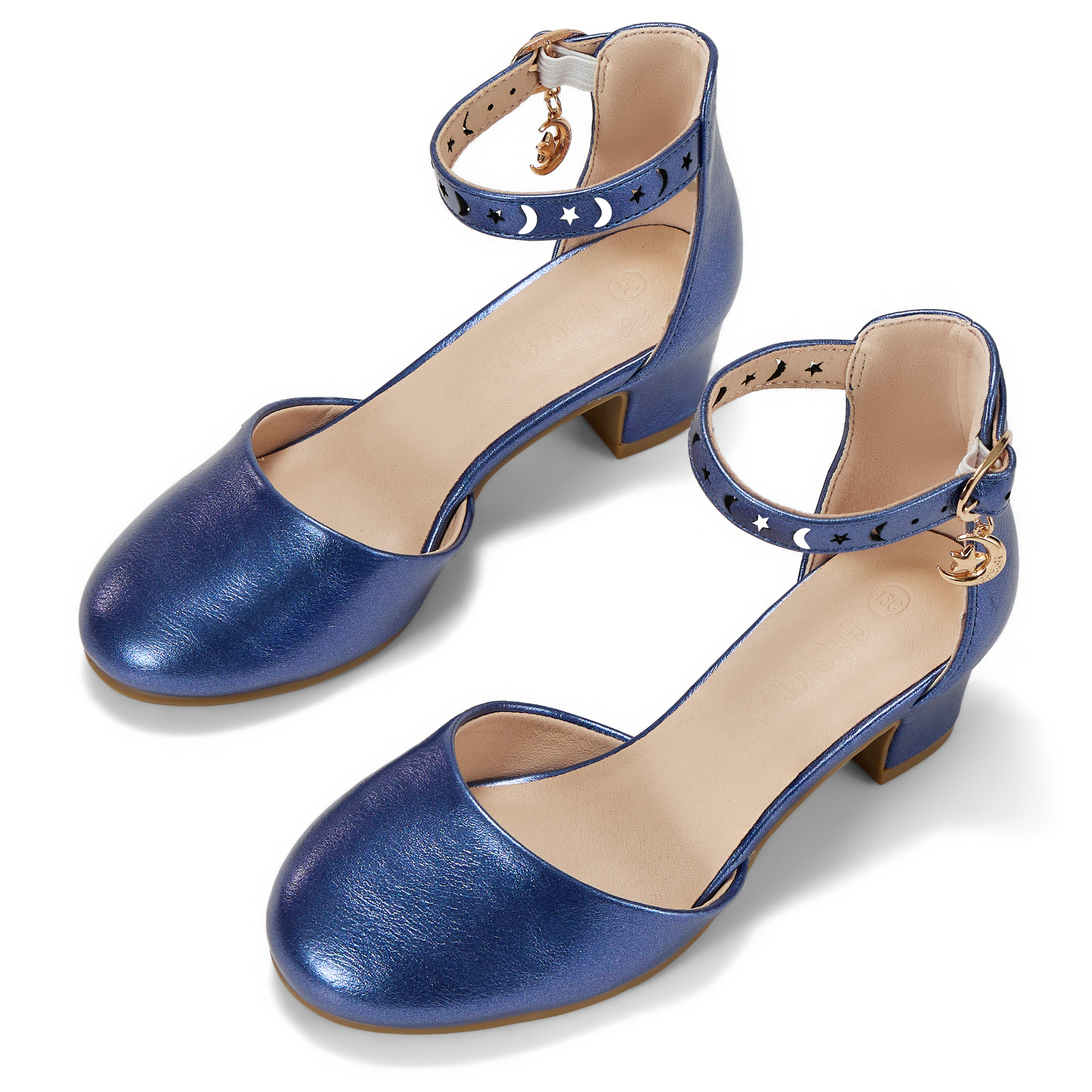 Girls Dress Shoes Ankle Strap Mary Jane Closed Round Toe Pumps Cute Pendant Block Chunky Heels Wedding Party School Birthday Shoes for Little Big Girl