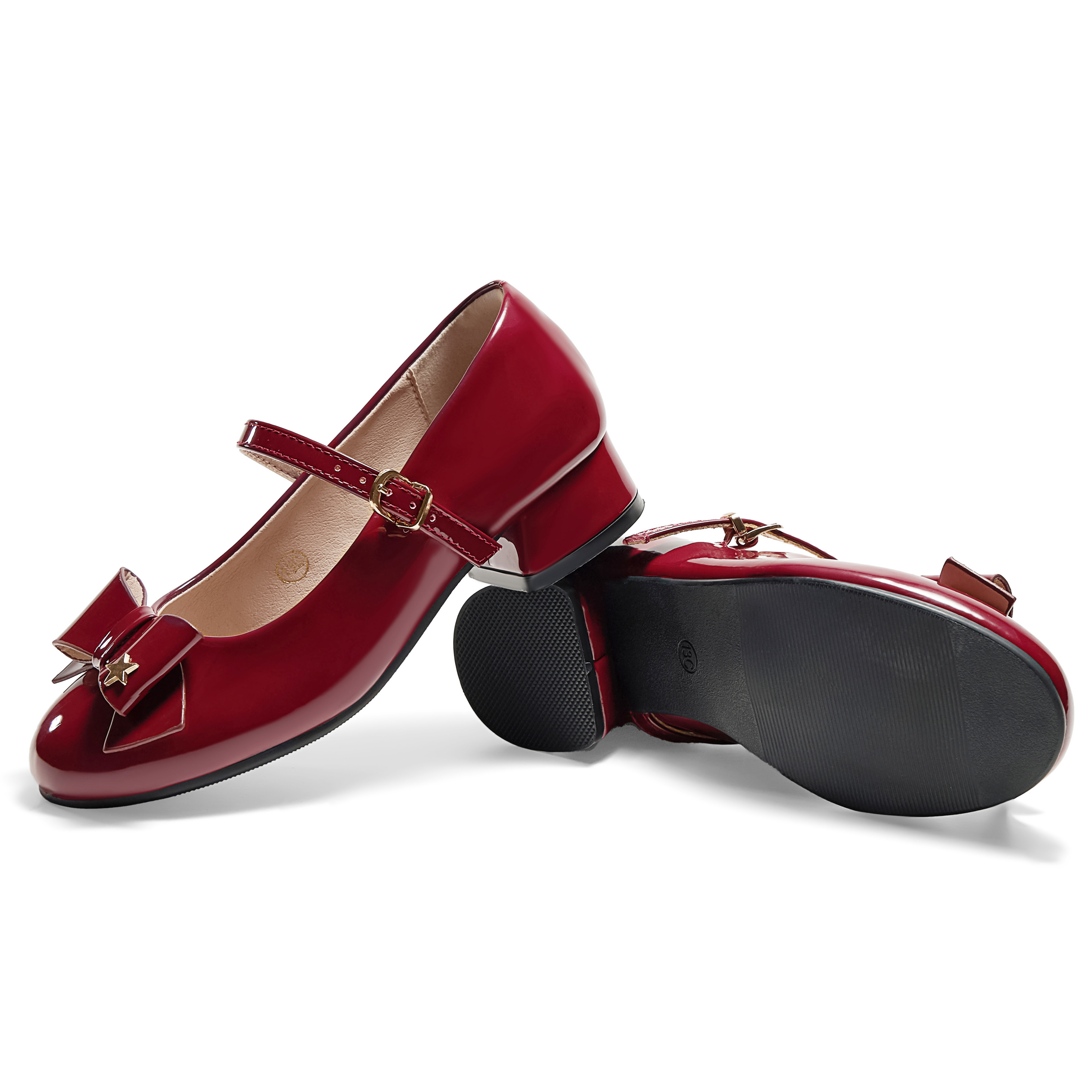 Girls Lambskin Insole Low Heels Mary Jane Ankle Strap Dress Shoes Dress Flats with Ankle Buckle, Bow with Star Detail, Fit Toddler, Little & Big Kid for Wedding, Party and School Daily Wear