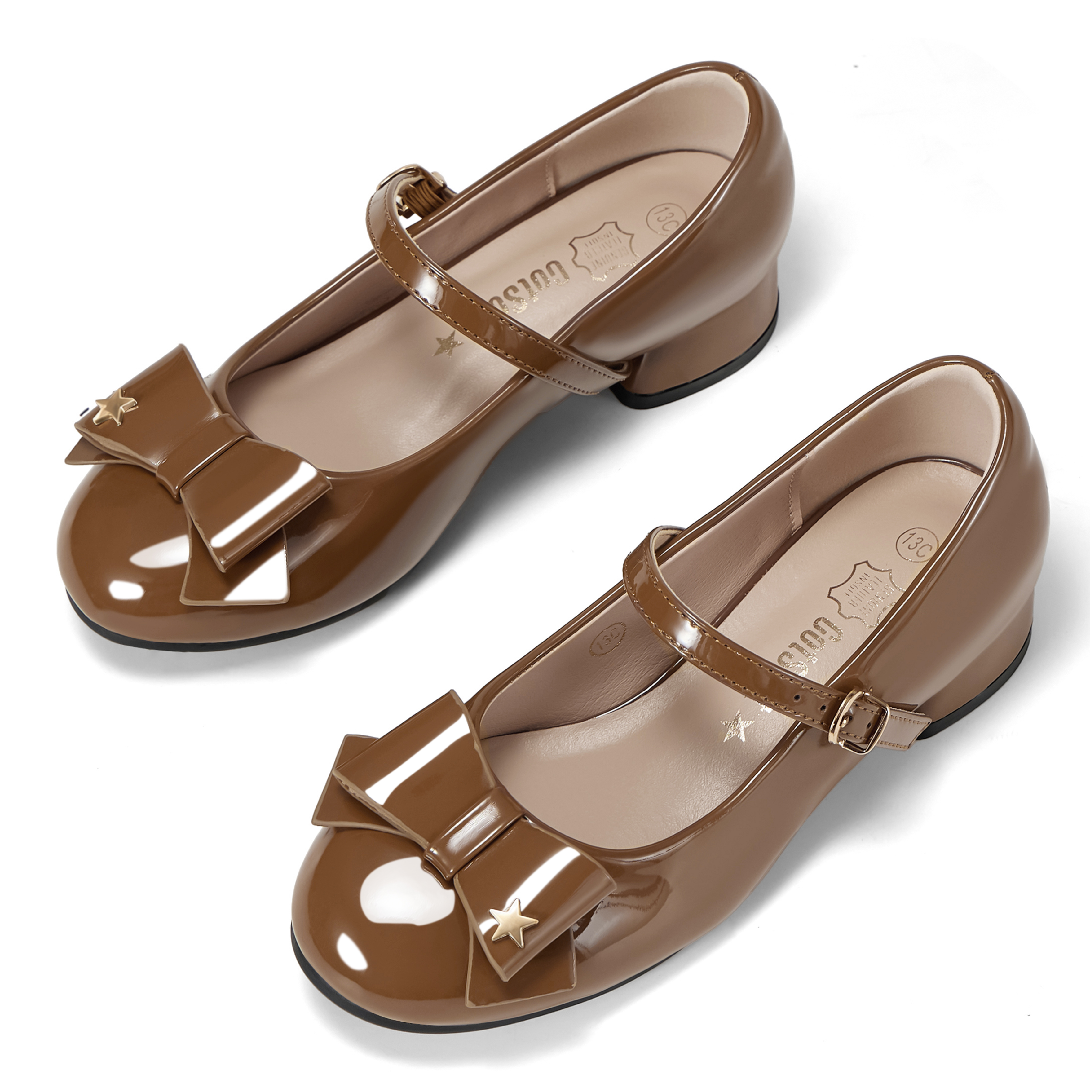 Girls Lambskin Insole Low Heels Mary Jane Ankle Strap Dress Shoes Dress Flats with Ankle Buckle, Bow with Star Detail, Fit Toddler, Little & Big Kid for Wedding, Party and School Daily Wear