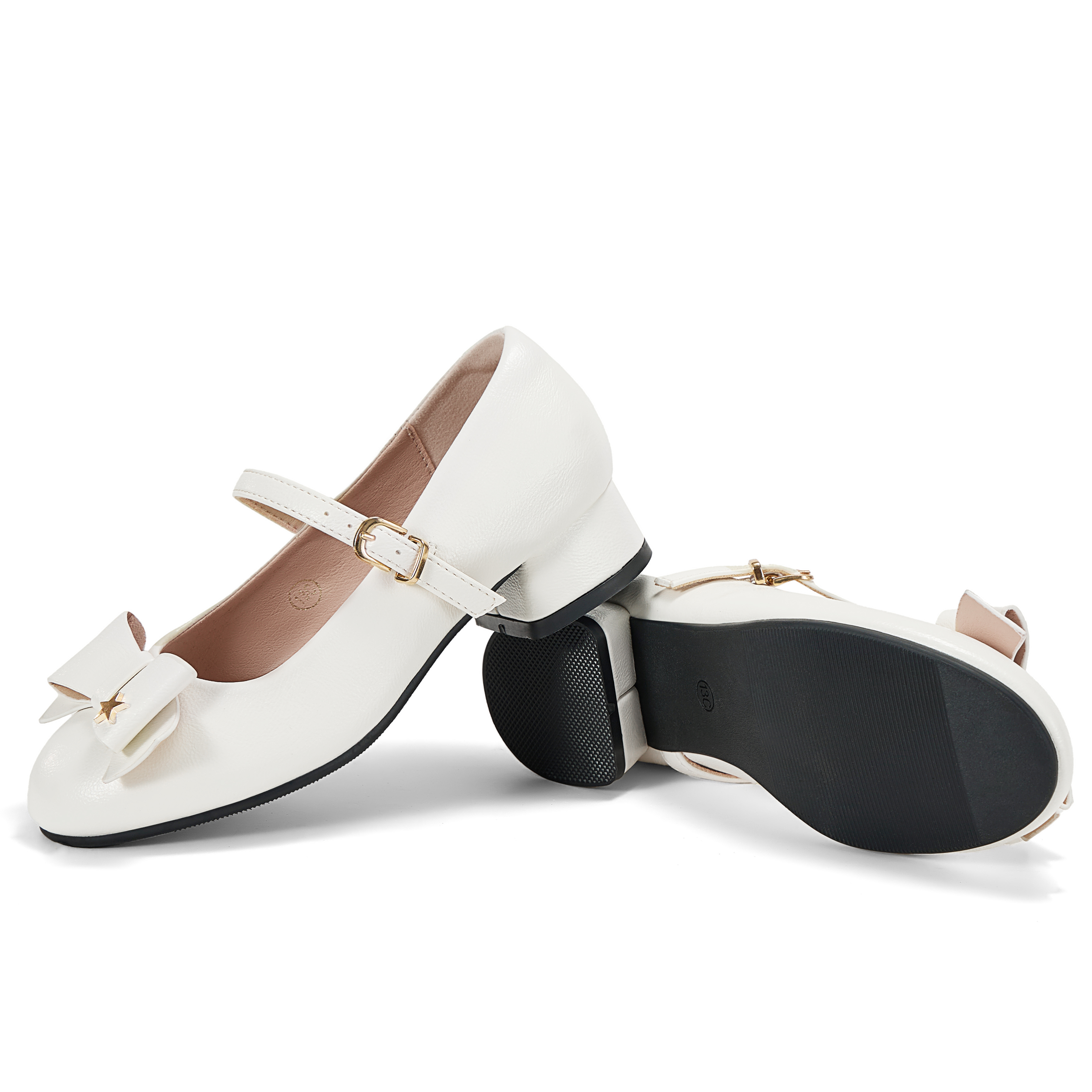 Girls Lambskin Insole Low Heels Mary Jane Ankle Strap Dress Shoes Dress Flats with Ankle Buckle, Bow with Star Detail, Fit Toddler, Little & Big Kid for Wedding, Party and School Daily Wear