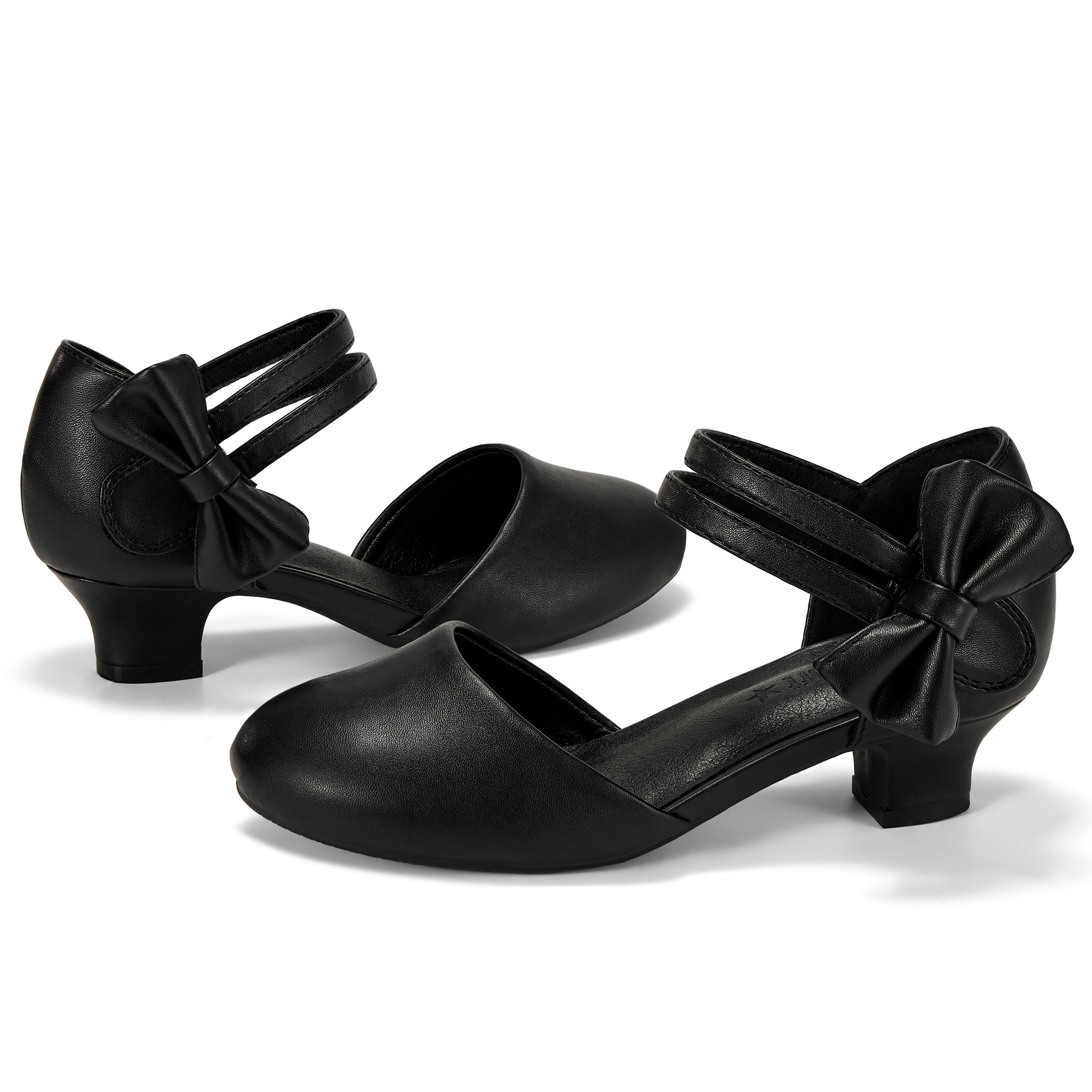 Girls Dress Shoes Bow Closed Toe Low Heels Wedding Pumps Shoes Ankle Strap Party Birthday Cute Pump Round Toe Chunky Heel Closed Toe Hook and Loop Shoes for Little Big Girls