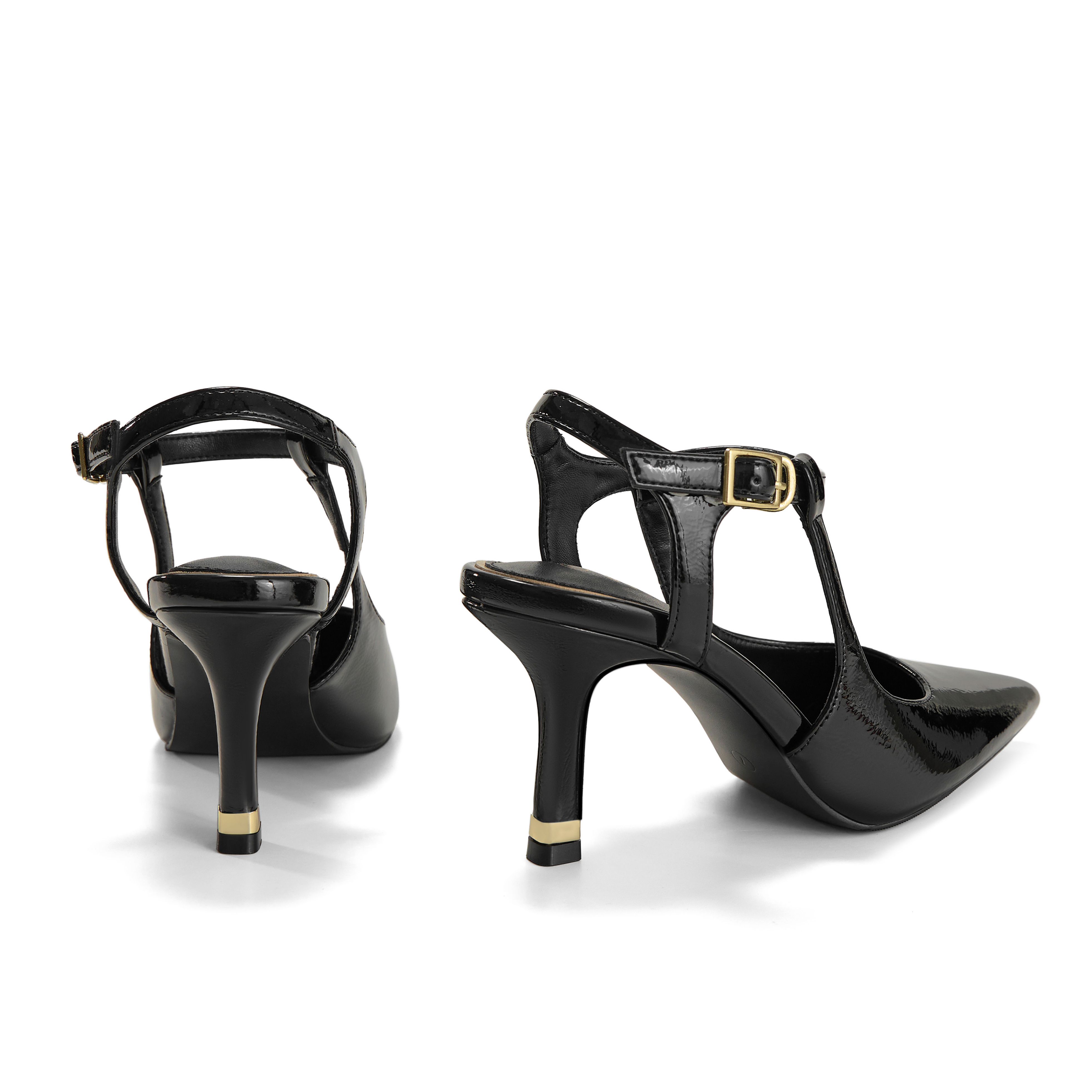 Womens Slingback Pointed Toe Pumps Ankle Buckle Strap Stiletto Dress Heels Gold heel trim, adjustable buckle ankle strap, ideal for office, weddings, dates and formal evening wear