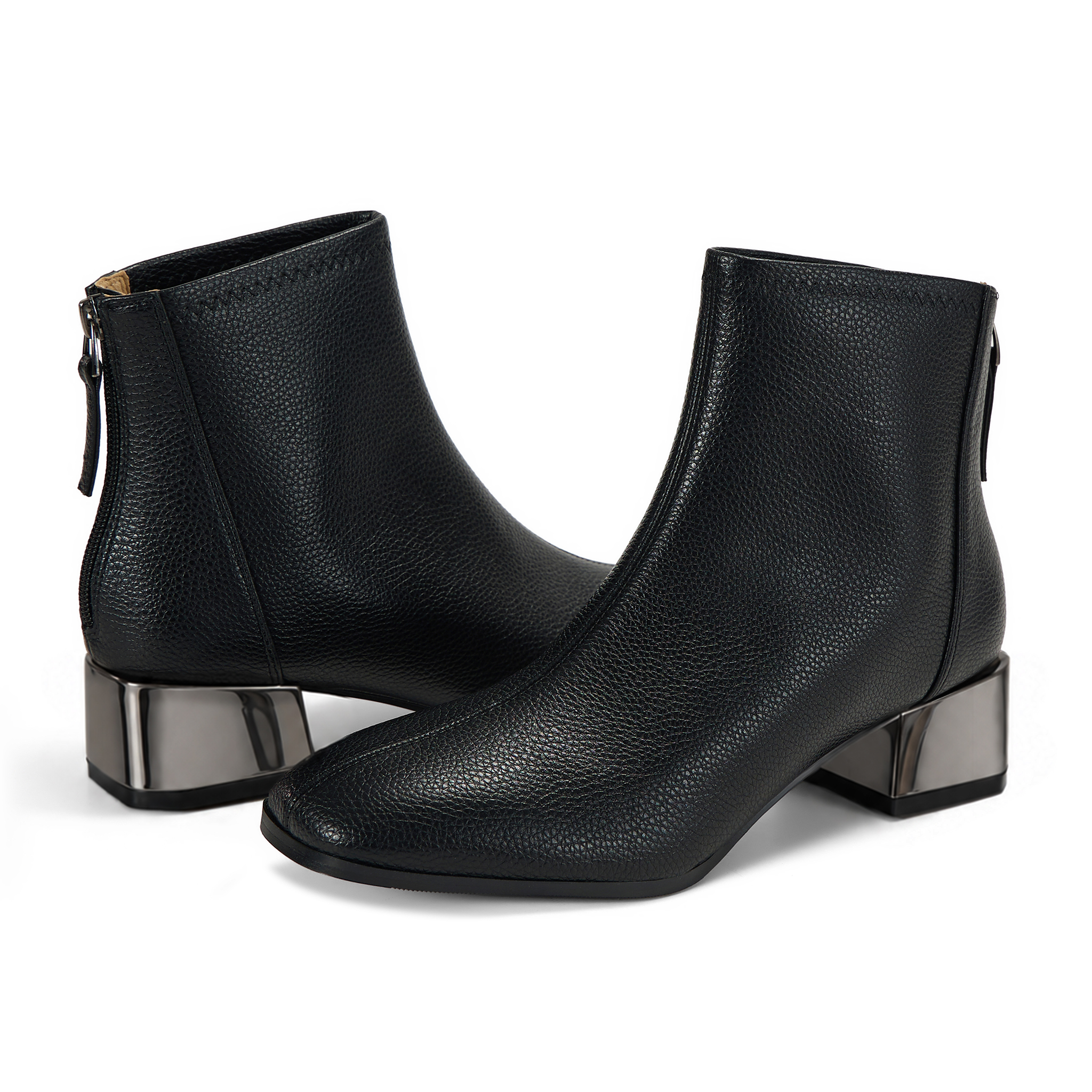 Womens Lambskin Insole Square Toe Ankle Boots Back Zip Plated Heel Modern Rear-zip Ankle Boots with Electroplated Block Heel, Ideal for Office, Dates, Parties & Autumn Daily Wear