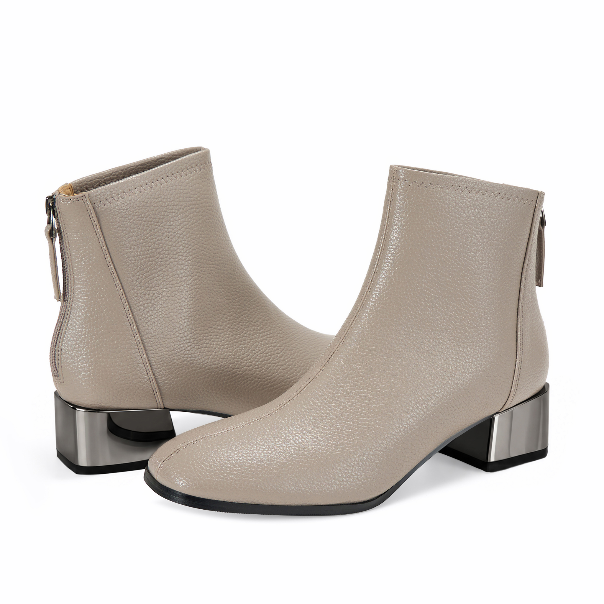 Womens Lambskin Insole Square Toe Ankle Boots Back Zip Plated Heel Modern Rear-zip Ankle Boots with Electroplated Block Heel, Ideal for Office, Dates, Parties & Autumn Daily Wear