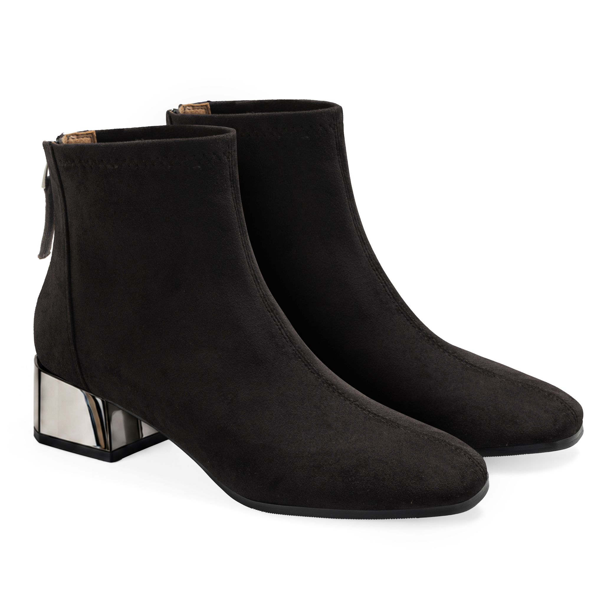 Womens Lambskin Insole Square Toe Ankle Boots Back Zip Plated Heel Modern Rear-zip Ankle Boots with Electroplated Block Heel, Ideal for Office, Dates, Parties & Autumn Daily Wear