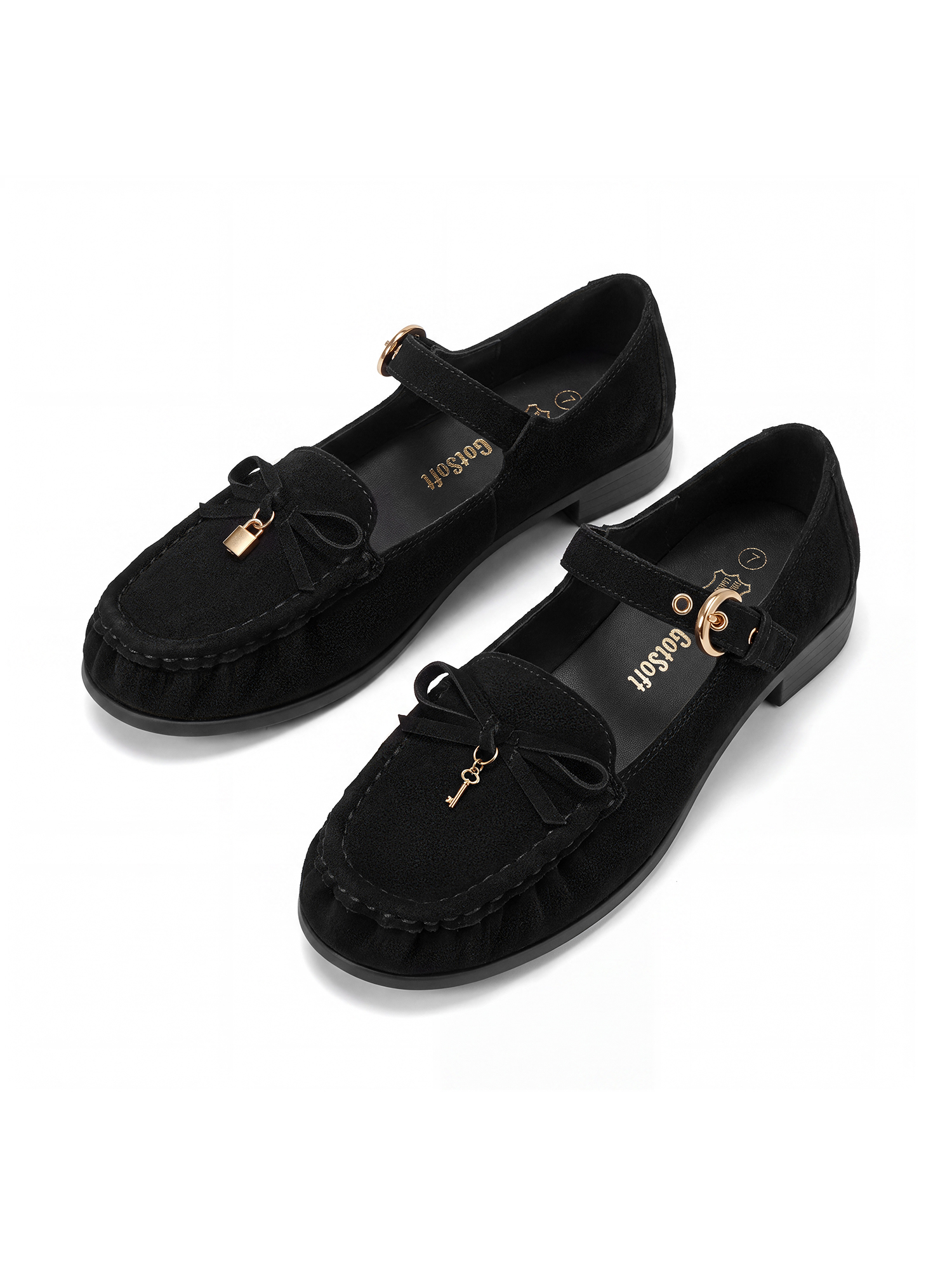 Women's Genuine Leather Loafers Bow Buckle Comfortable Dress Shoes Classic Retro Moccasin Loafer, with Lock‑Charm Decoration, Dress Shoes for Office Work Party College and Daily Wear