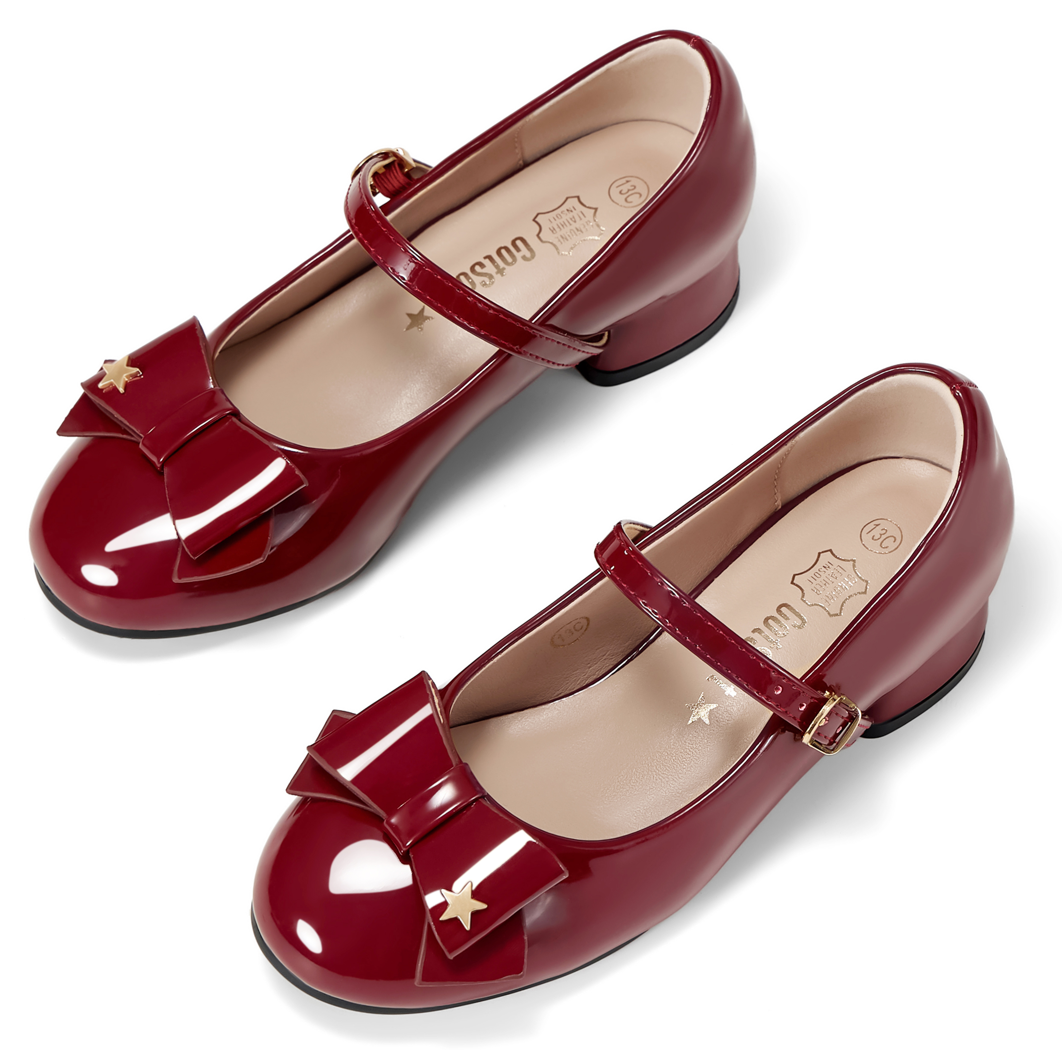 Girls Lambskin Insole Low Heels Mary Jane Ankle Strap Dress Shoes Dress Flats with Ankle Buckle, Bow with Star Detail, Fit Toddler, Little & Big Kid for Wedding, Party and School Daily Wear