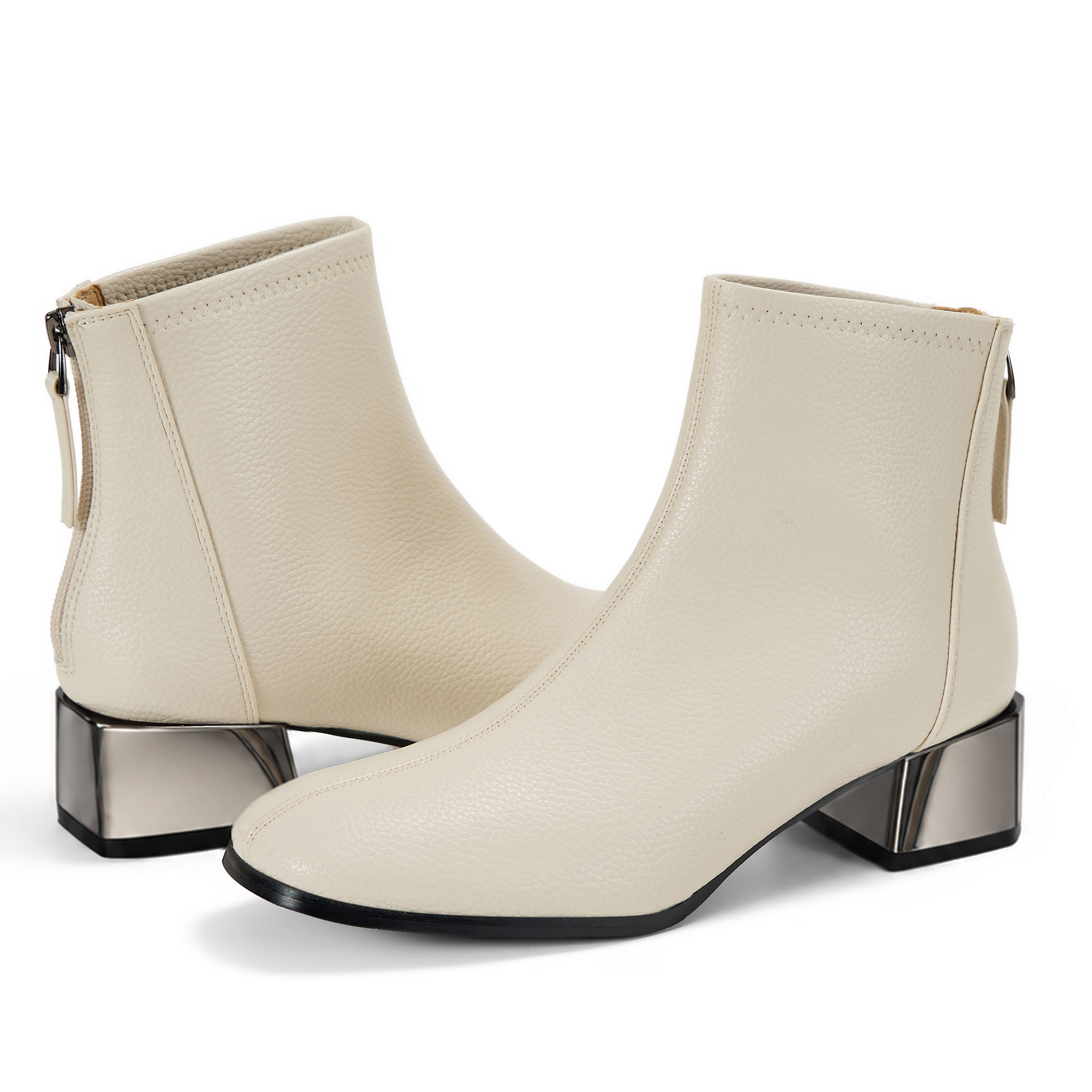 Womens Lambskin Insole Square Toe Ankle Boots Back Zip Plated Heel Modern Rear-zip Ankle Boots with Electroplated Block Heel, Ideal for Office, Dates, Parties & Autumn Daily Wear