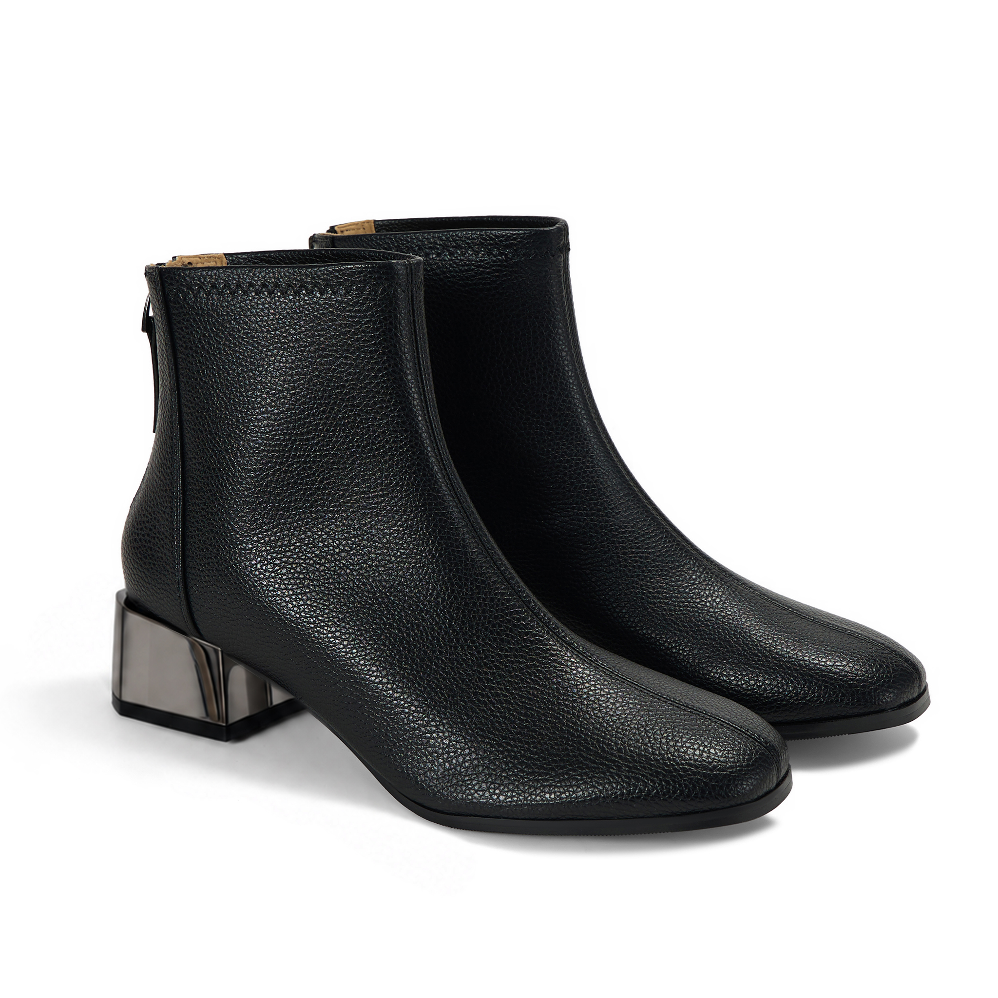 Womens Lambskin Insole Square Toe Ankle Boots Back Zip Plated Heel Modern Rear-zip Ankle Boots with Electroplated Block Heel, Ideal for Office, Dates, Parties & Autumn Daily Wear