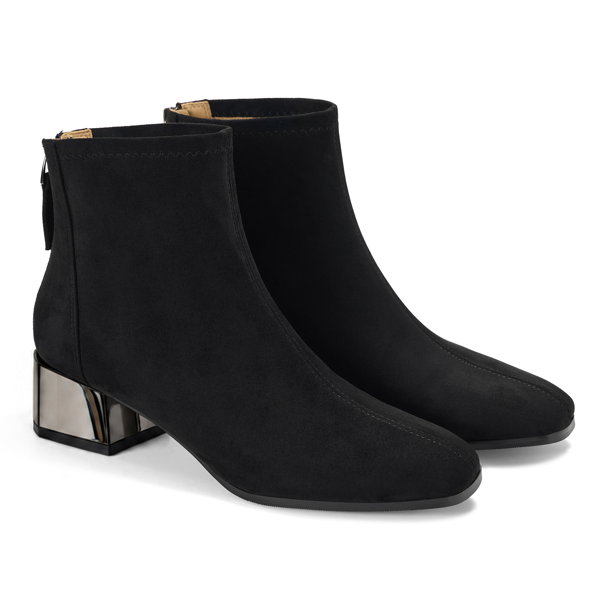 Womens Lambskin Insole Square Toe Ankle Boots Back Zip Plated Heel Modern Rear-zip Ankle Boots with Electroplated Block Heel, Ideal for Office, Dates, Parties & Autumn Daily Wear