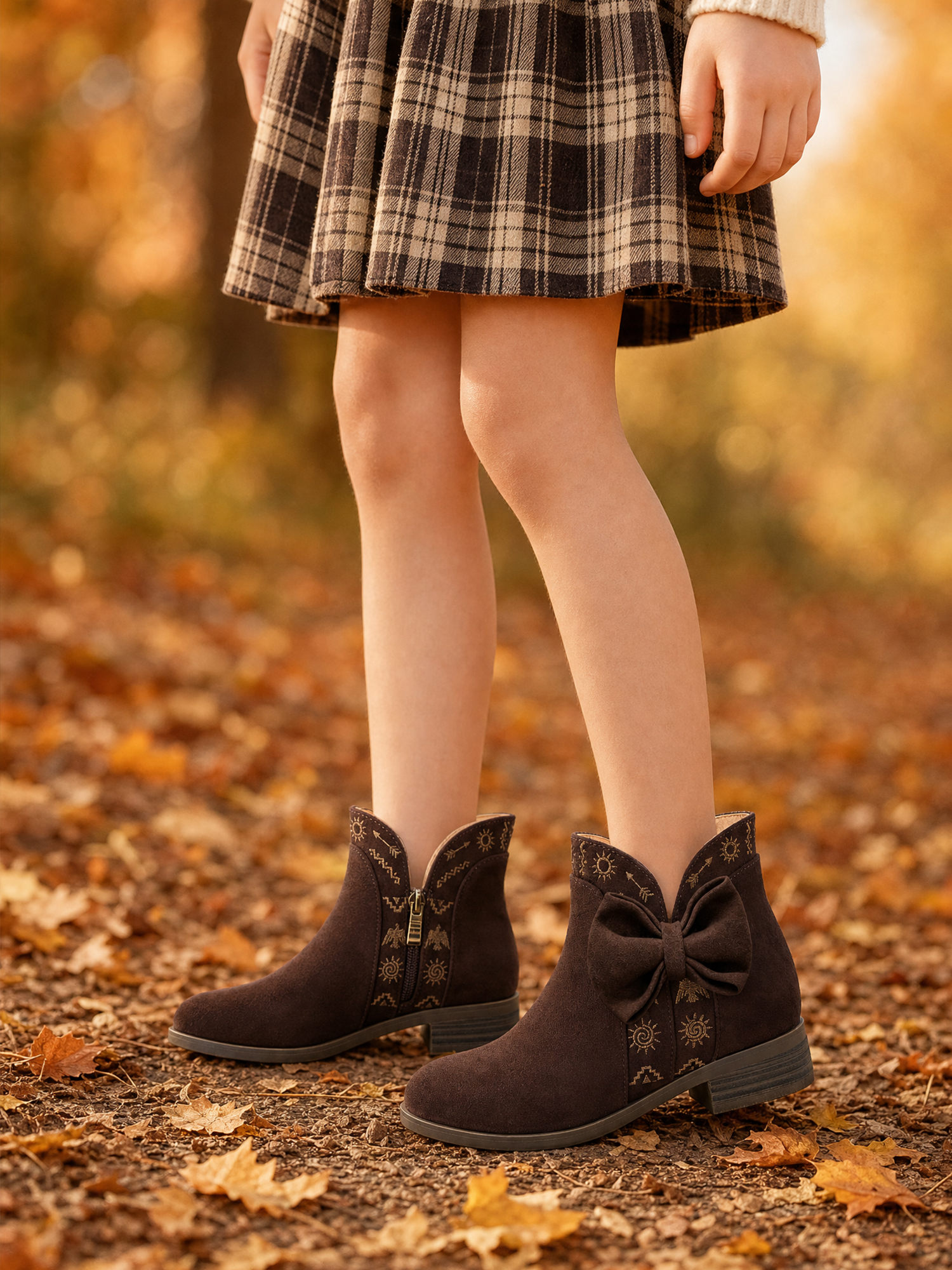 Girls Lambskin Insole Ankle Boots Side Bow Low Heel Booties Shoes Cute Bow Knot Lambskin Booties Low Chunky Heel Comfortable Party School Daily Shoes for Little Big Kid